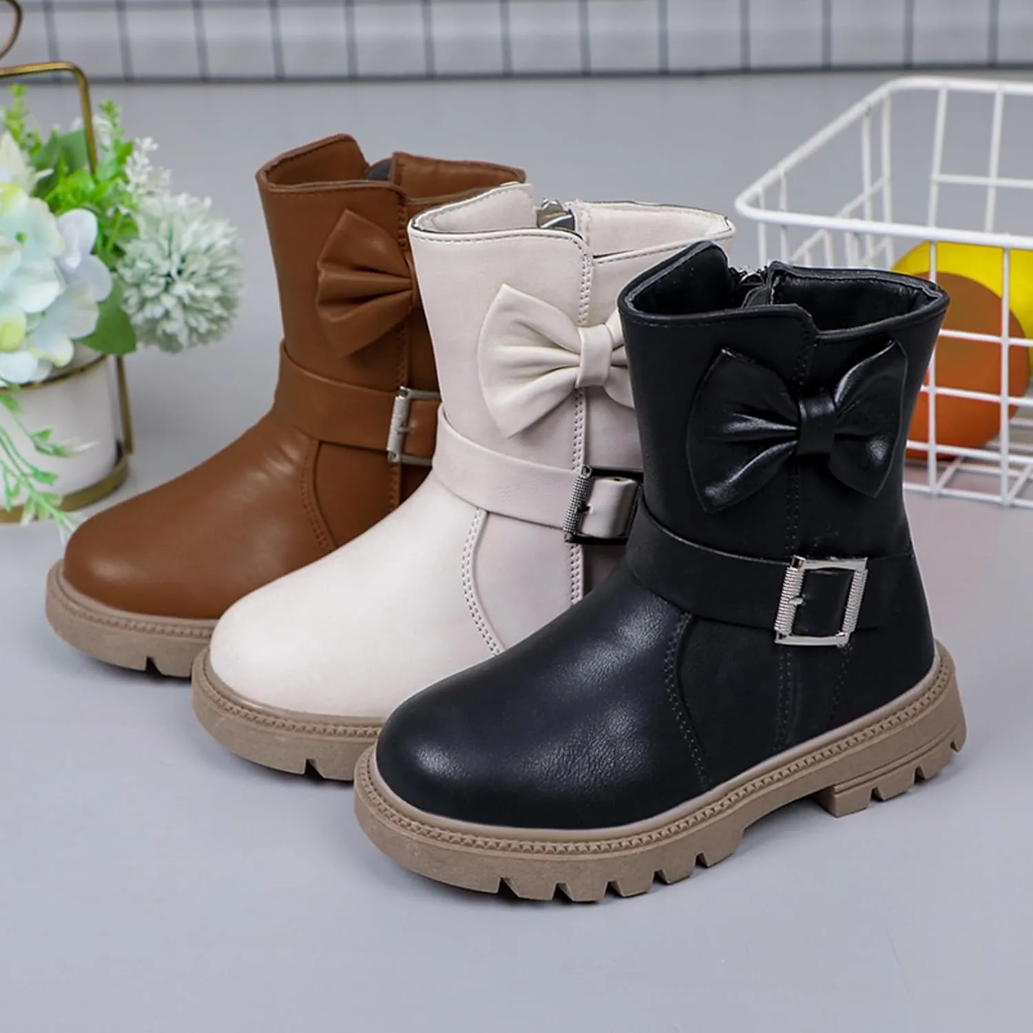 Girls Dress Boots Kids Side Zipper Bowknot Buckle Decor Princess Boots Fashion Soft Sole Mid Calf Boots Walking Shoes