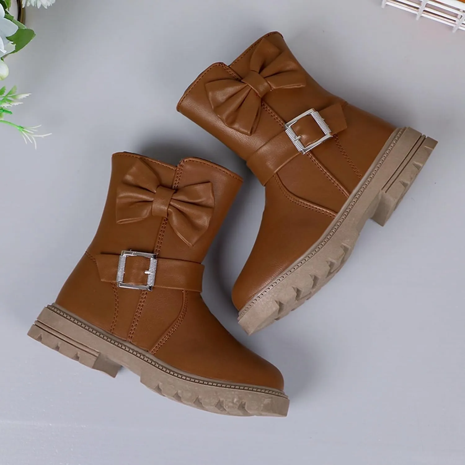 Girls Dress Boots Kids Side Zipper Bowknot Buckle Decor Princess Boots Fashion Soft Sole Mid Calf Boots Walking Shoes