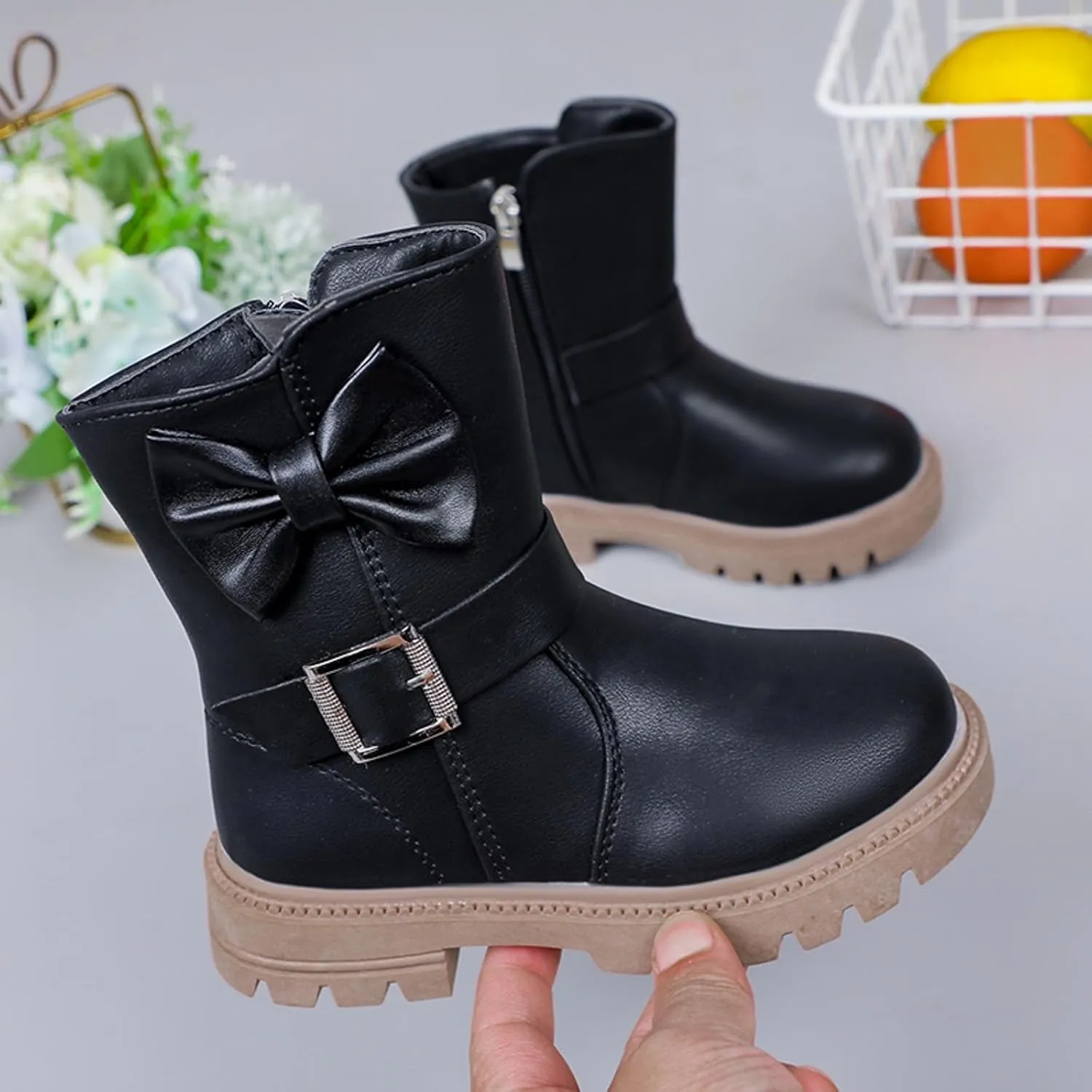 Girls Dress Boots Kids Side Zipper Bowknot Buckle Decor Princess Boots Fashion Soft Sole Mid Calf Boots Walking Shoes