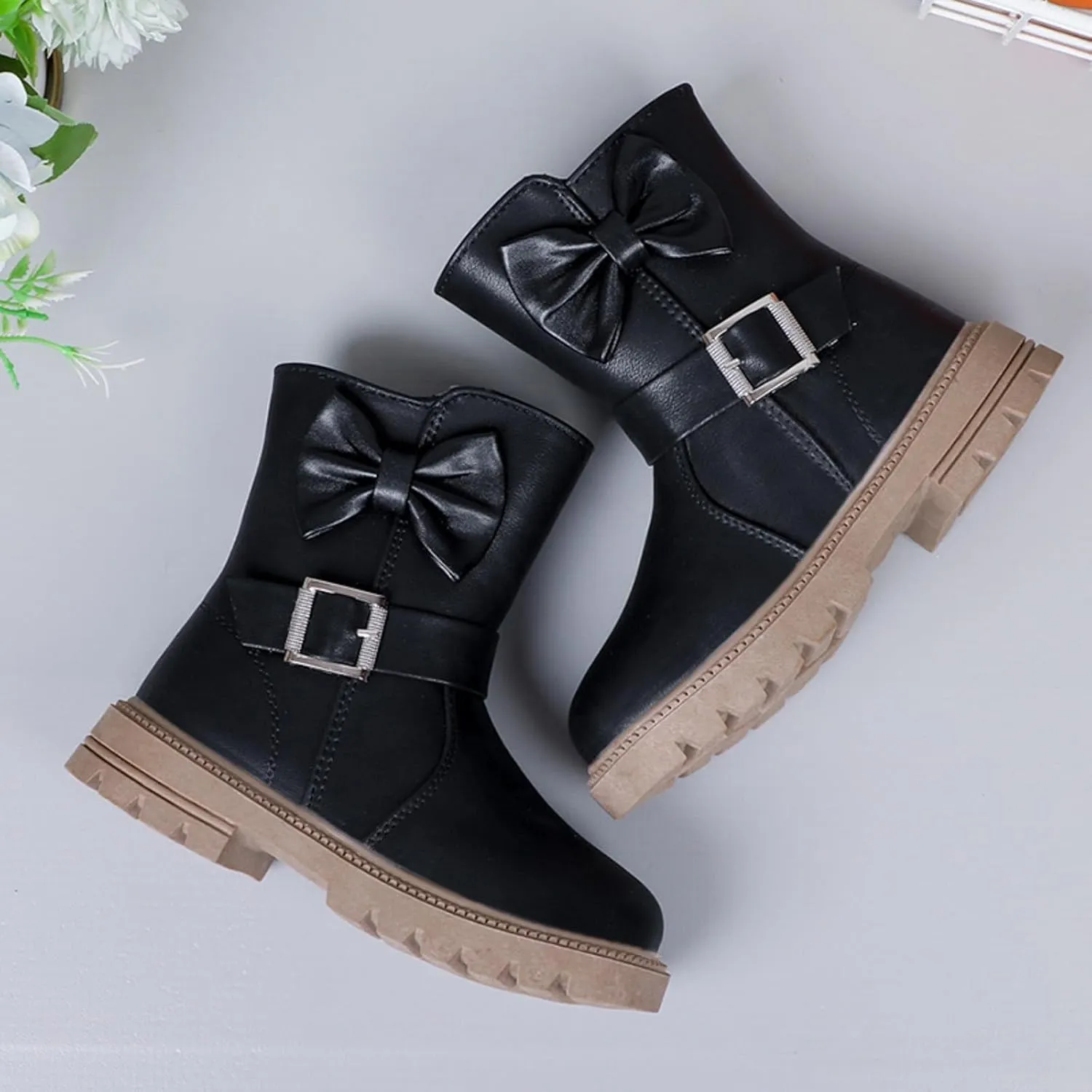 Girls Dress Boots Kids Side Zipper Bowknot Buckle Decor Princess Boots Fashion Soft Sole Mid Calf Boots Walking Shoes