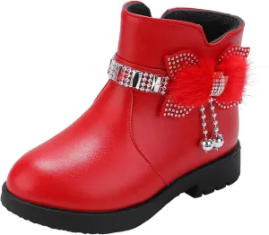 Girls Dress Boots Kids Toddler Cute Rhinestone Bowknot Princess Boots Warm Shoes Fashion Side Zipper Ankle Boots