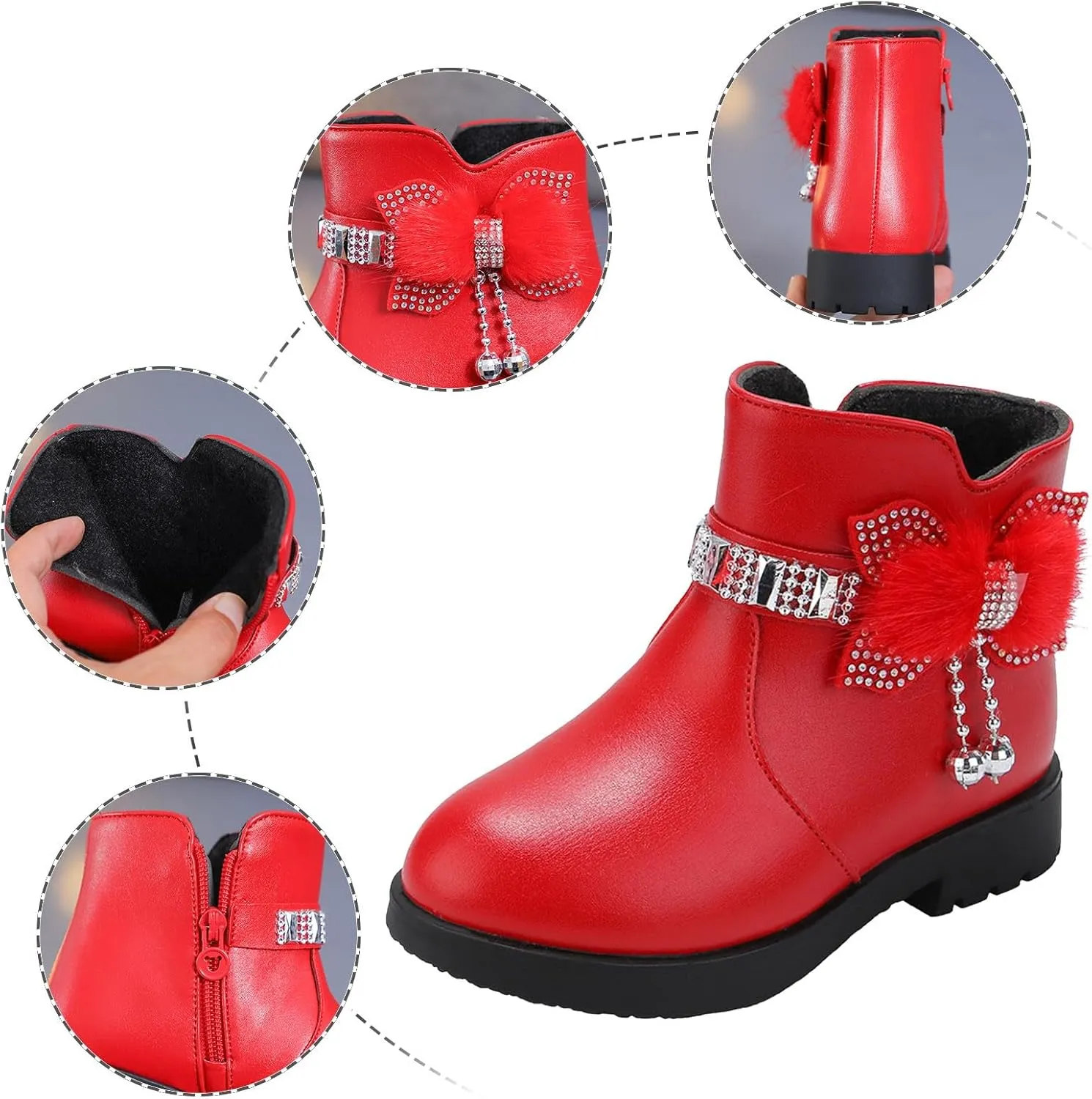 Girls Dress Boots Kids Toddler Cute Rhinestone Bowknot Princess Boots Warm Shoes Fashion Side Zipper Ankle Boots