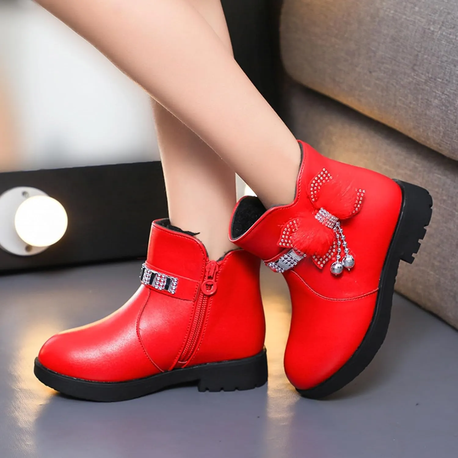 Girls Dress Boots Kids Toddler Cute Rhinestone Bowknot Princess Boots Warm Shoes Fashion Side Zipper Ankle Boots