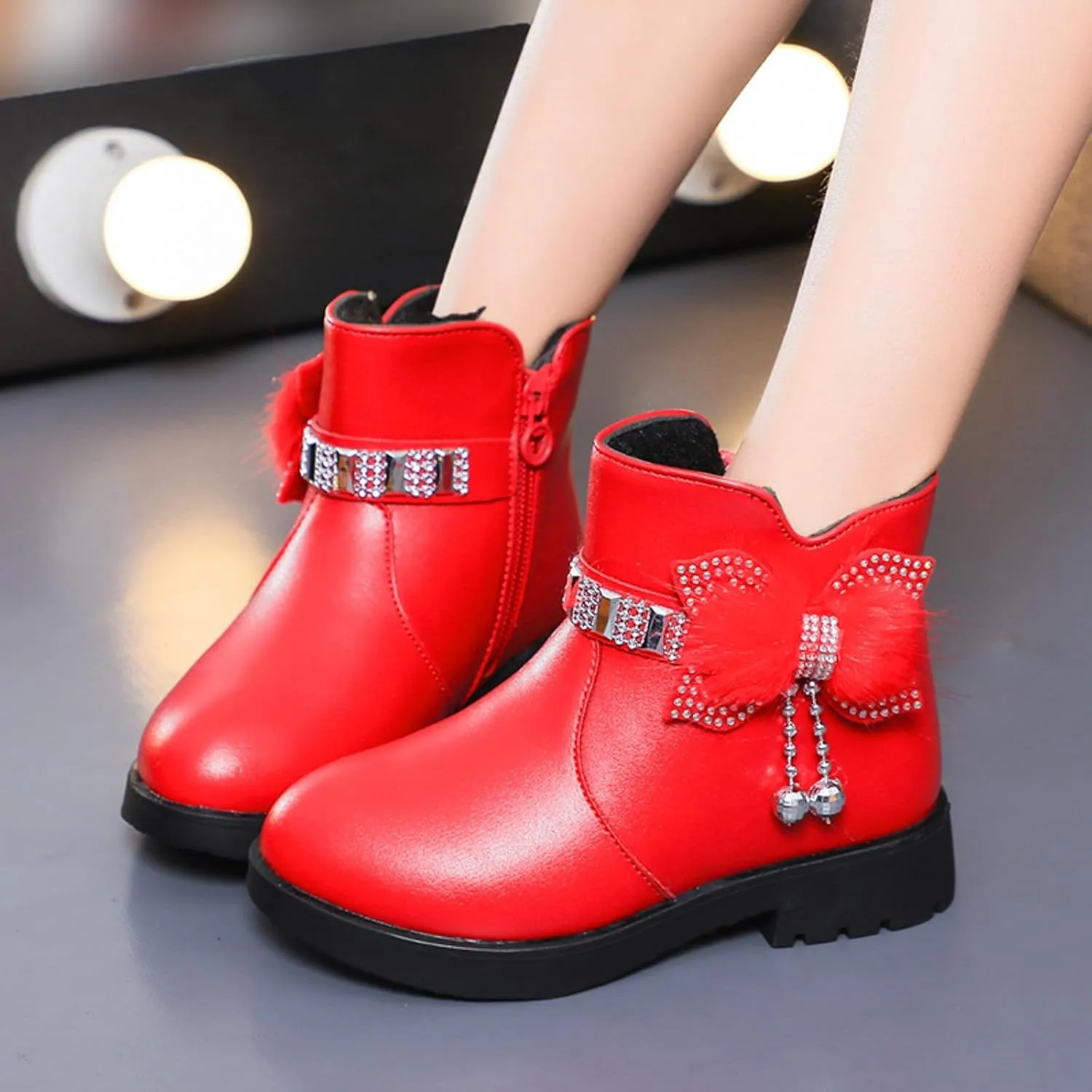 Girls Dress Boots Kids Toddler Cute Rhinestone Bowknot Princess Boots Warm Shoes Fashion Side Zipper Ankle Boots