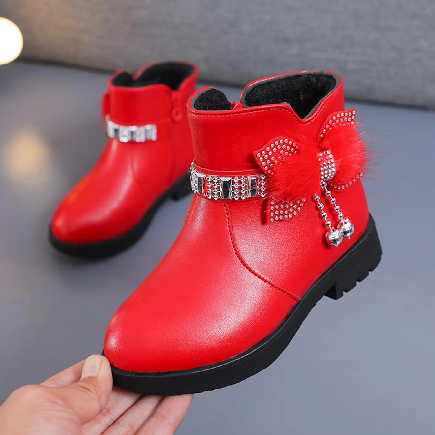 Girls Dress Boots Kids Toddler Cute Rhinestone Bowknot Princess Boots Warm Shoes Fashion Side Zipper Ankle Boots