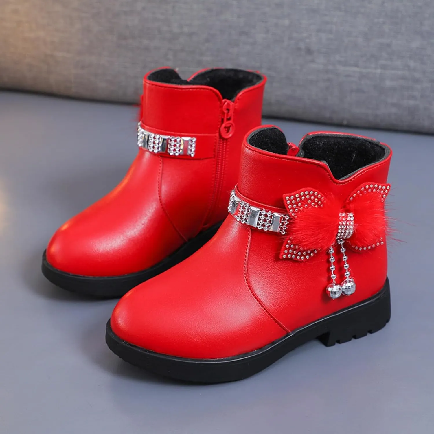 Girls Dress Boots Kids Toddler Cute Rhinestone Bowknot Princess Boots Warm Shoes Fashion Side Zipper Ankle Boots