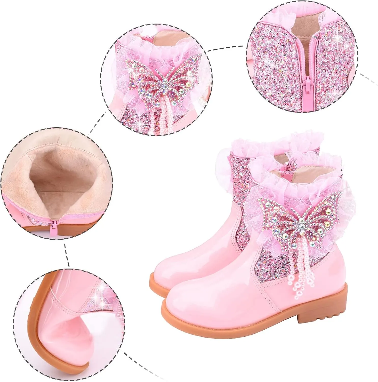 Girls Glitter Mid Calf Boots Side Zipper Snow Boot Fashion Winter Warm Fur Lined Outdoor Shoes for Little Kid/Big Kid