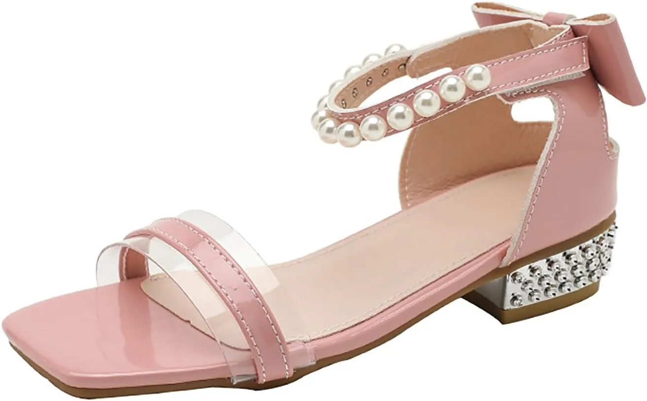 Girls Sandals Comfortable Non Slip Pearl Rhinestone Heel Sandals Fairy Thick Heel White Girls Sandal