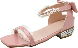 Girls Sandals Comfortable Non Slip Pearl Rhinestone Heel Sandals Fairy Thick Heel White Girls Sandal