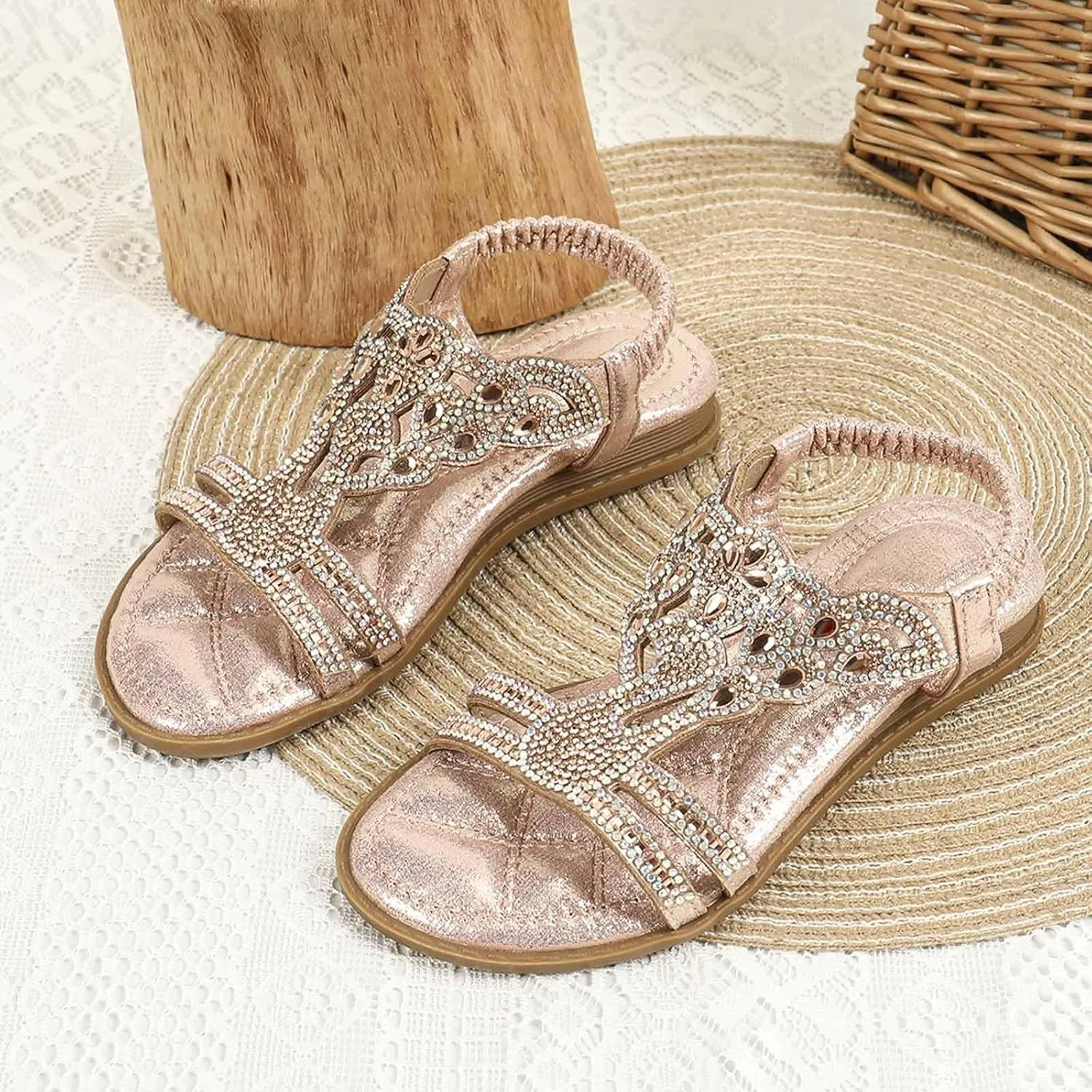 Girls Sandals Low Heel Girls Glitter Beach Shoes Shoes Flat Summer Glitter Boho Comfortable Sandals With Rhinestones