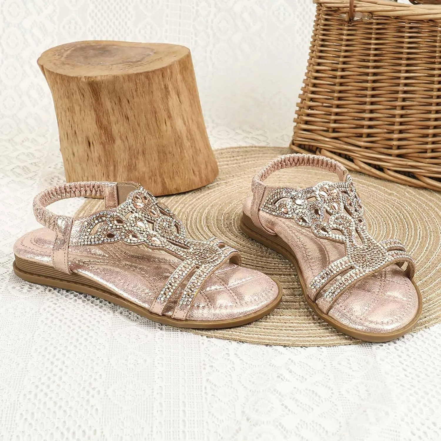 Girls Sandals Low Heel Girls Glitter Beach Shoes Shoes Flat Summer Glitter Boho Comfortable Sandals With Rhinestones