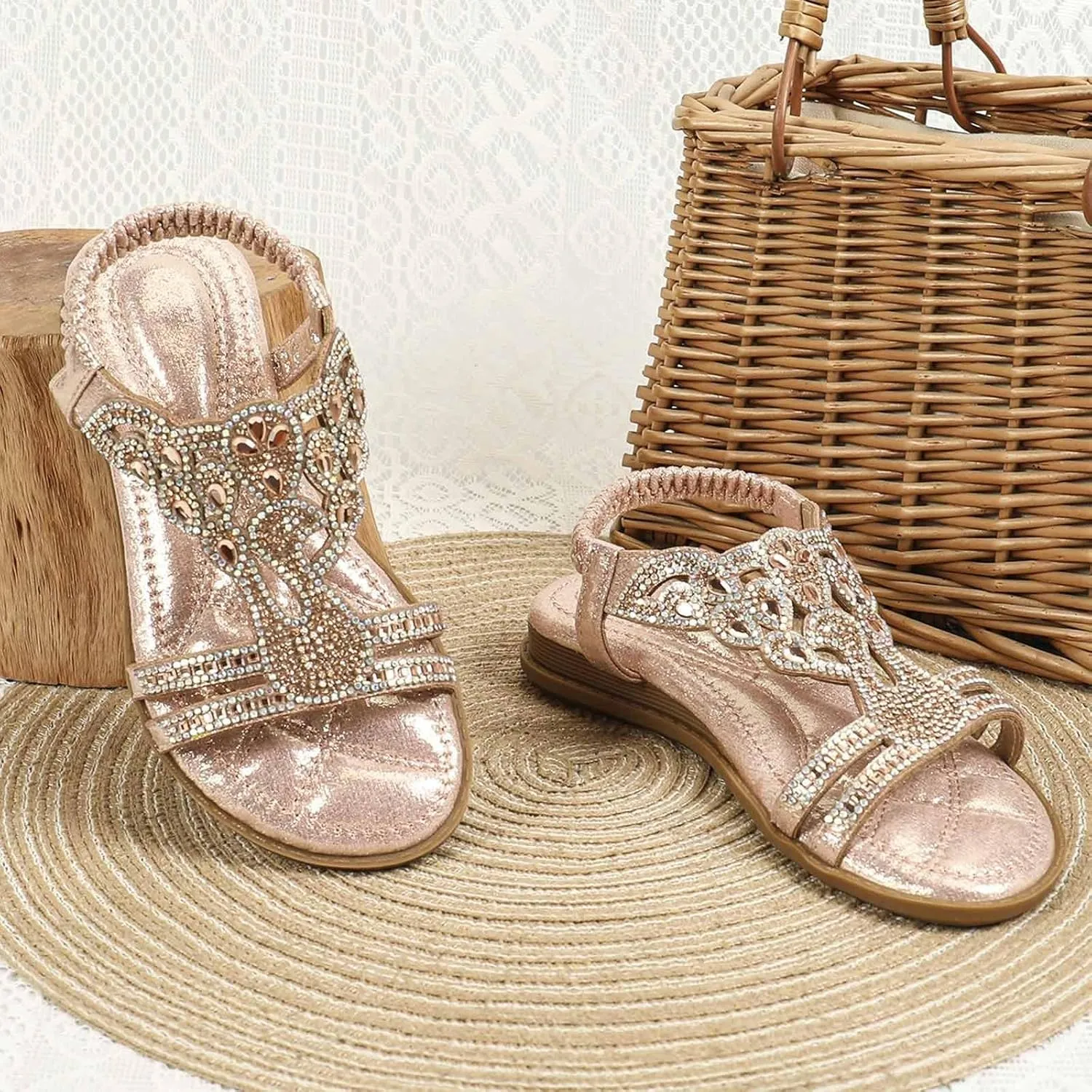 Girls Sandals Low Heel Girls Glitter Beach Shoes Shoes Flat Summer Glitter Boho Comfortable Sandals With Rhinestones