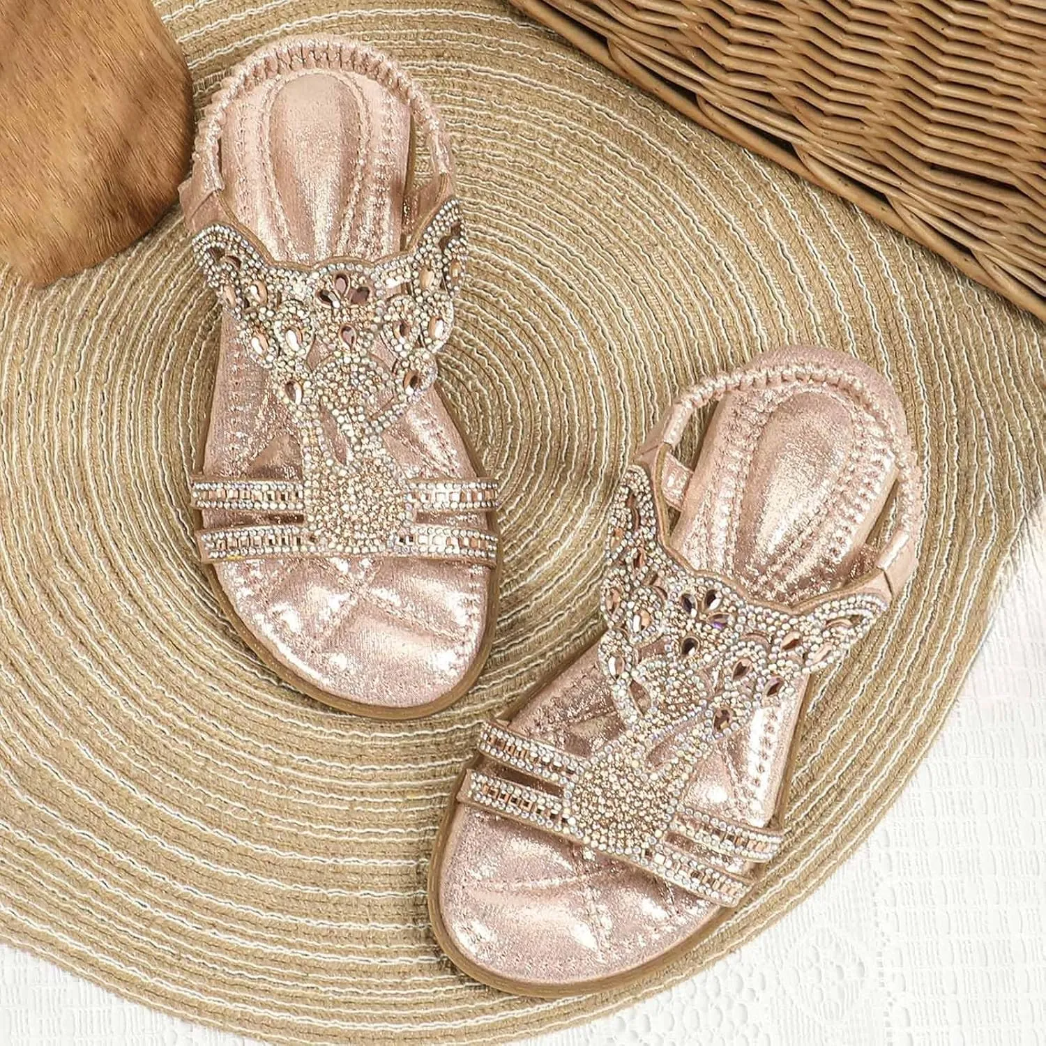 Girls Sandals Low Heel Girls Glitter Beach Shoes Shoes Flat Summer Glitter Boho Comfortable Sandals With Rhinestones
