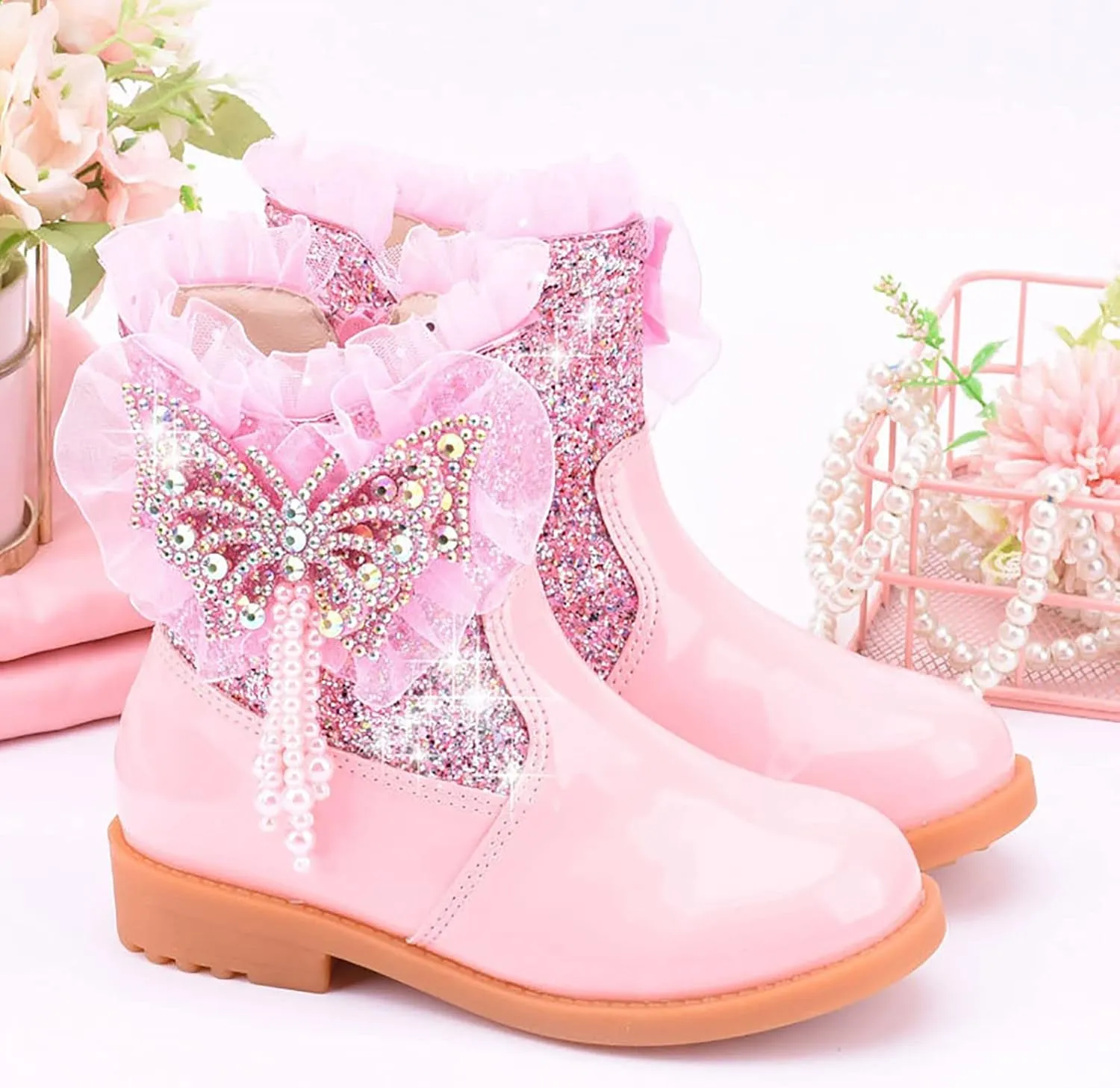 Girls Sequins Rhinestone Butterfly Boots Kids Party Dress Boots Casual Shoes Ruffle Princess Booties with Side Zipper