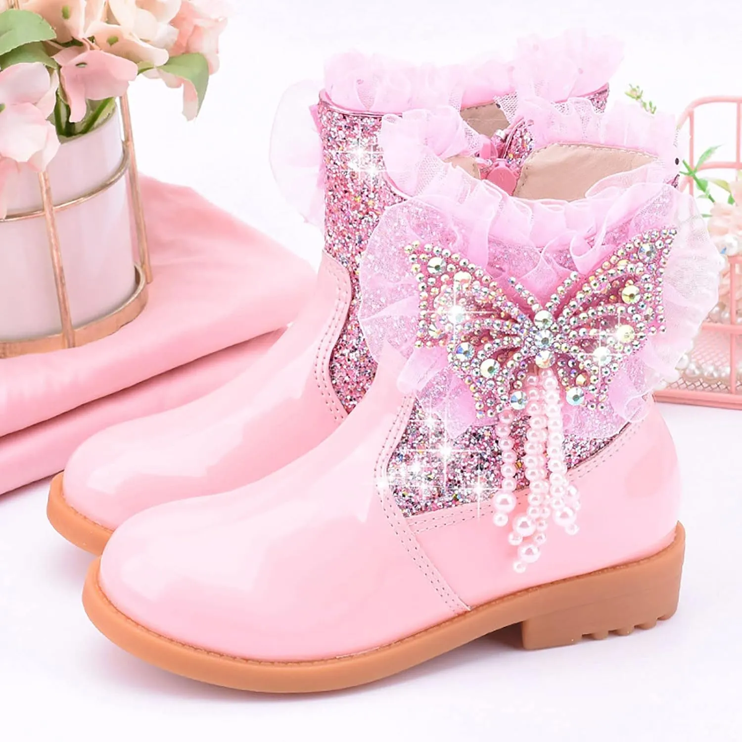 Girls Sequins Rhinestone Butterfly Boots Kids Party Dress Boots Casual Shoes Ruffle Princess Booties with Side Zipper