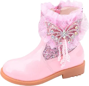 Girls Sequins Rhinestone Butterfly Boots Kids Party Dress Boots Casual Shoes Ruffle Princess Booties with Side Zipper
