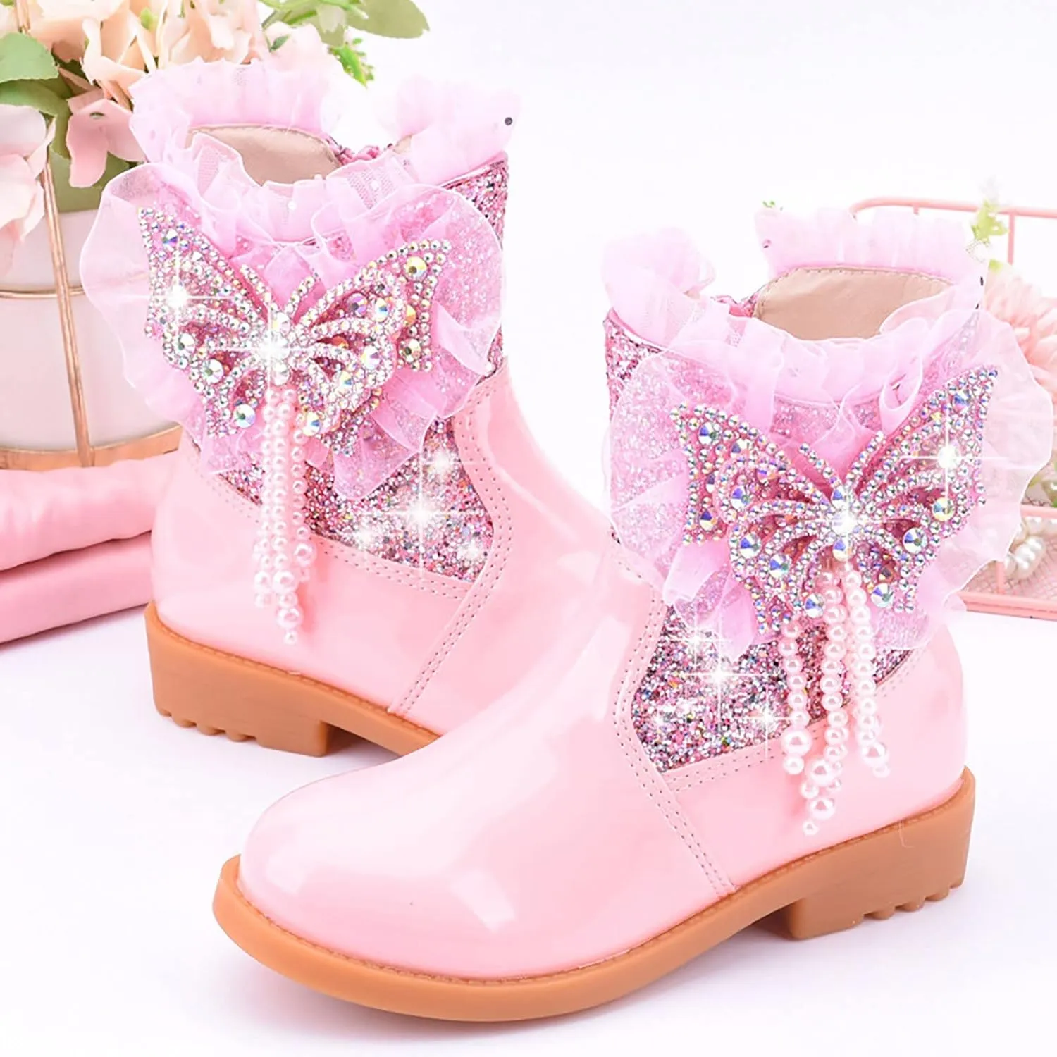 Girls Sequins Rhinestone Butterfly Boots Kids Party Dress Boots Casual Shoes Ruffle Princess Booties with Side Zipper