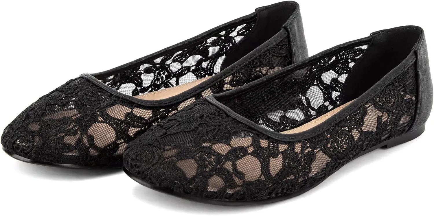 Greatonu Women's Flats Cut Out Round Toe Slip On Floral Ballet Flat Comfortable Lace Flats Dressy