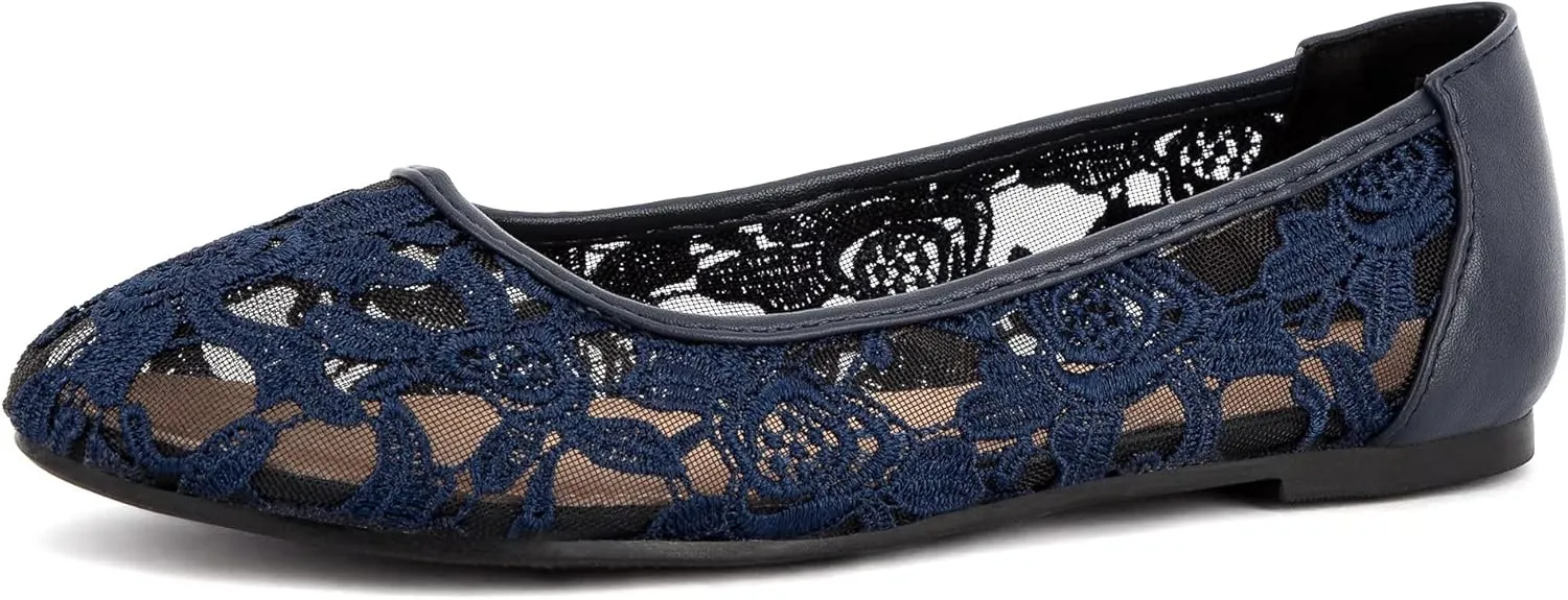 Greatonu Women's Flats Cut Out Round Toe Slip On Floral Ballet Flat Comfortable Lace Flats Dressy