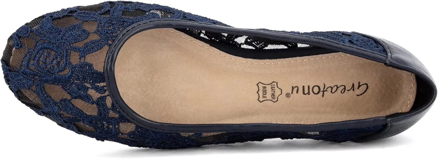 Greatonu Women's Flats Cut Out Round Toe Slip On Floral Ballet Flat Comfortable Lace Flats Dressy