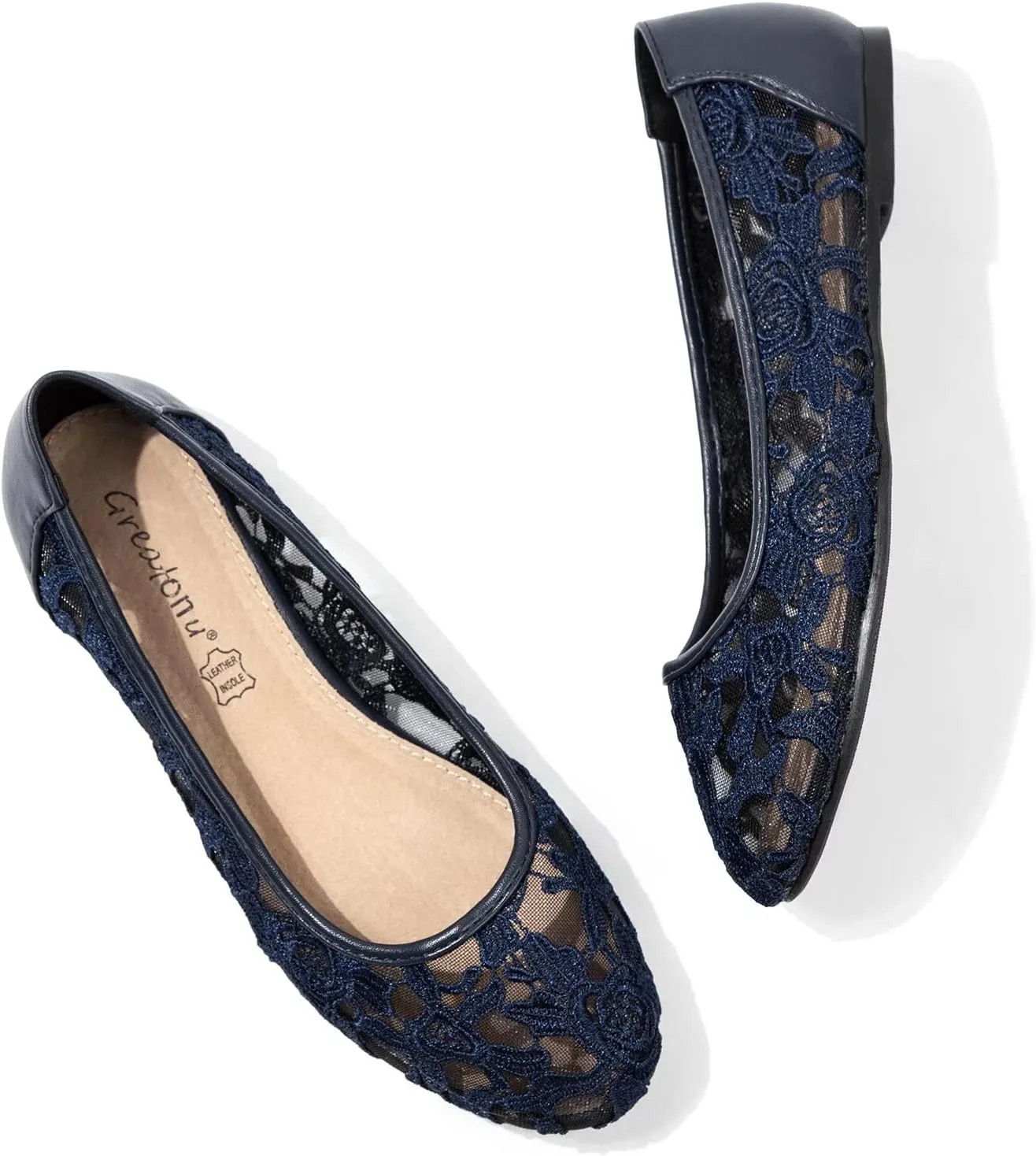 Greatonu Women's Flats Cut Out Round Toe Slip On Floral Ballet Flat Comfortable Lace Flats Dressy