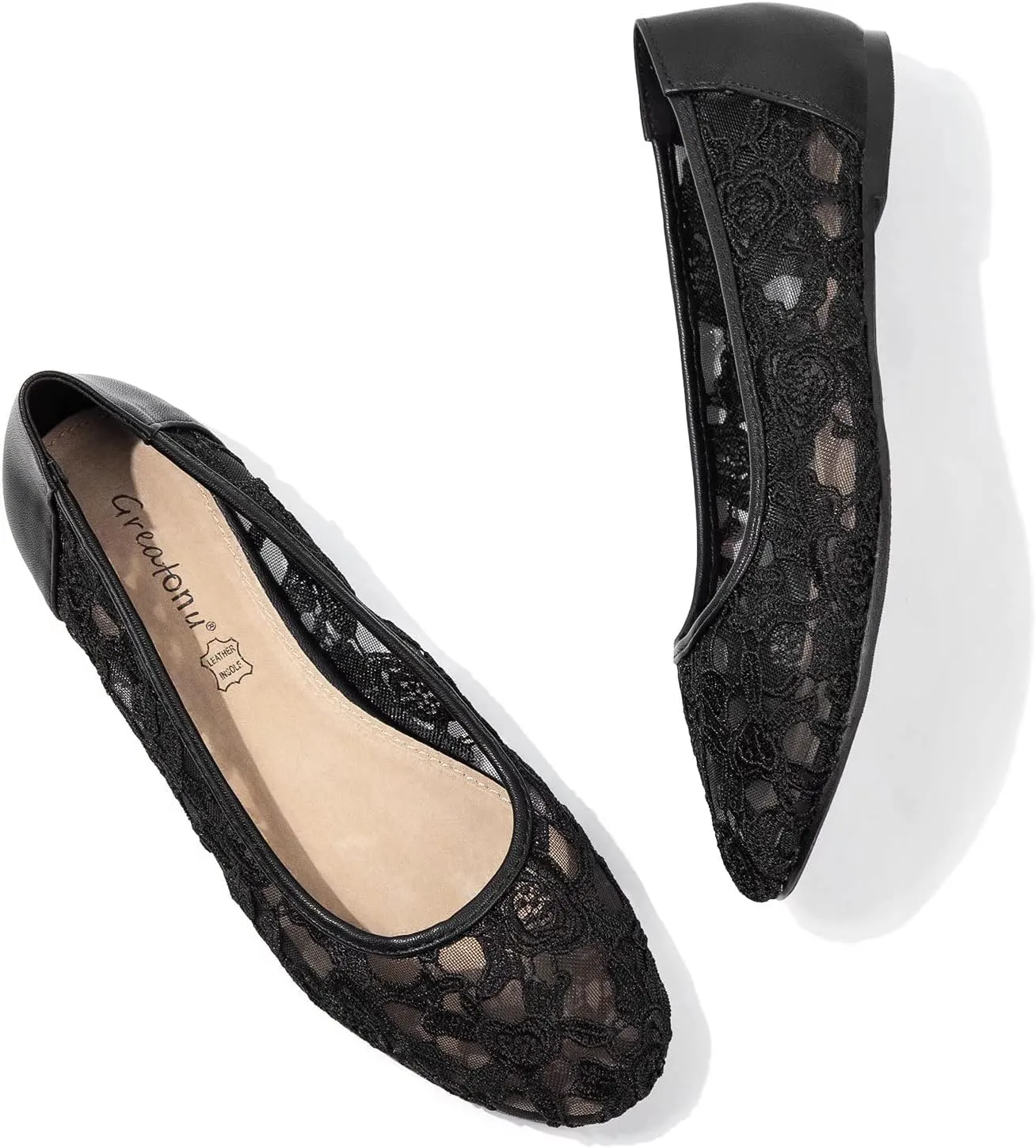 Greatonu Women's Flats Cut Out Round Toe Slip On Floral Ballet Flat Comfortable Lace Flats Dressy