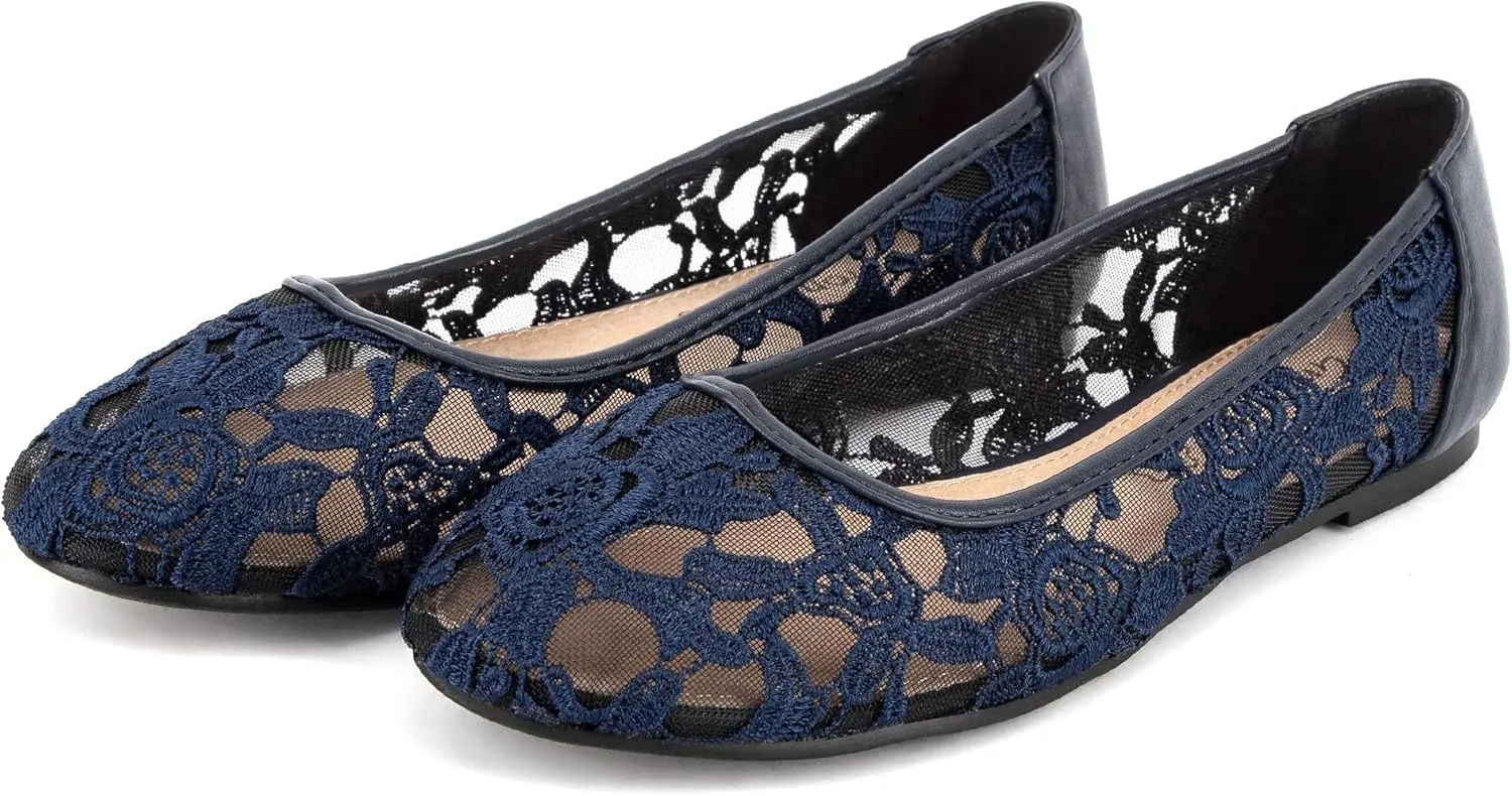 Greatonu Women's Flats Cut Out Round Toe Slip On Floral Ballet Flat Comfortable Lace Flats Dressy