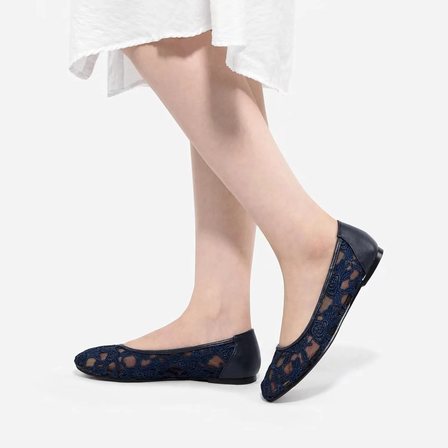 Greatonu Women's Flats Cut Out Round Toe Slip On Floral Ballet Flat Comfortable Lace Flats Dressy