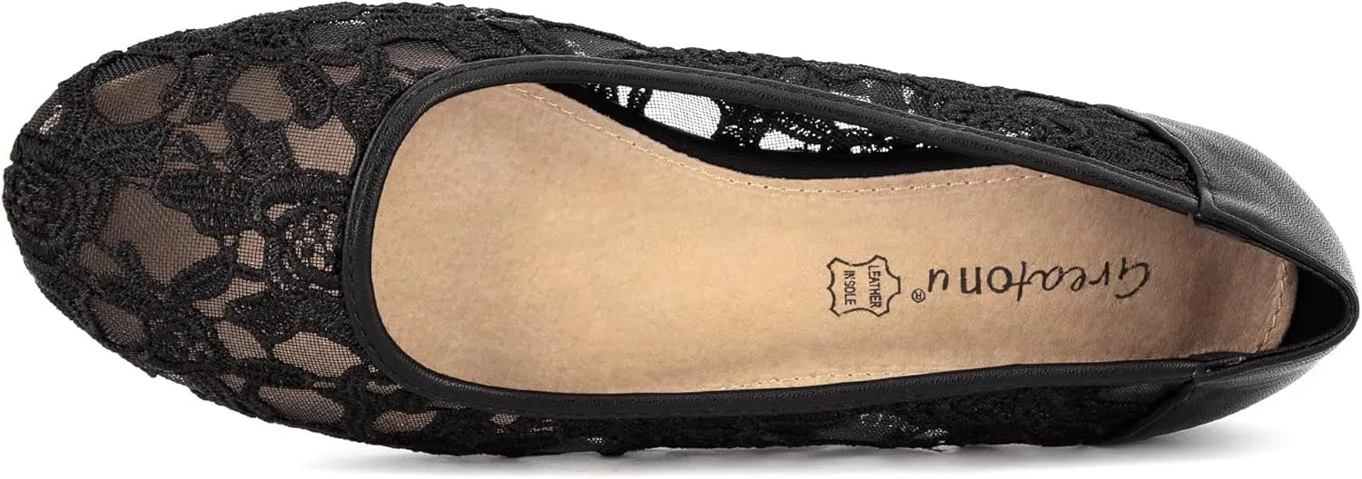 Greatonu Women's Flats Cut Out Round Toe Slip On Floral Ballet Flat Comfortable Lace Flats Dressy