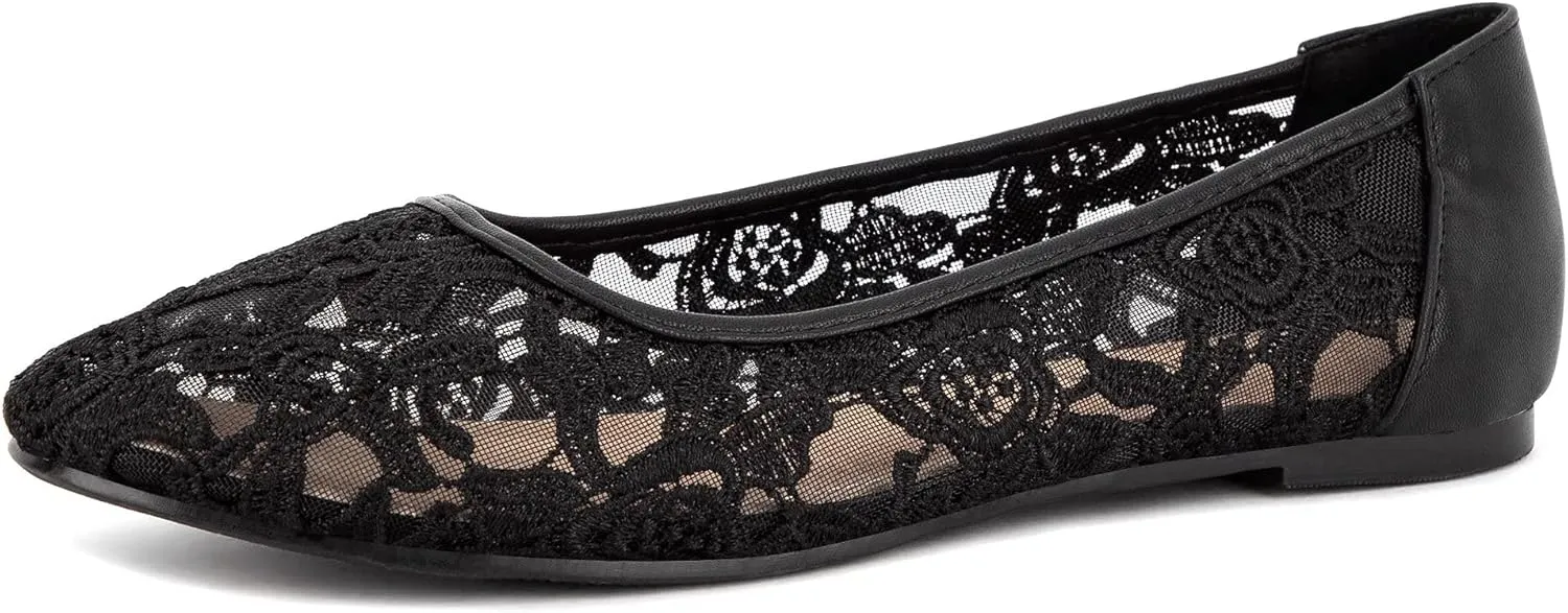 Greatonu Women's Flats Cut Out Round Toe Slip On Floral Ballet Flat Comfortable Lace Flats Dressy