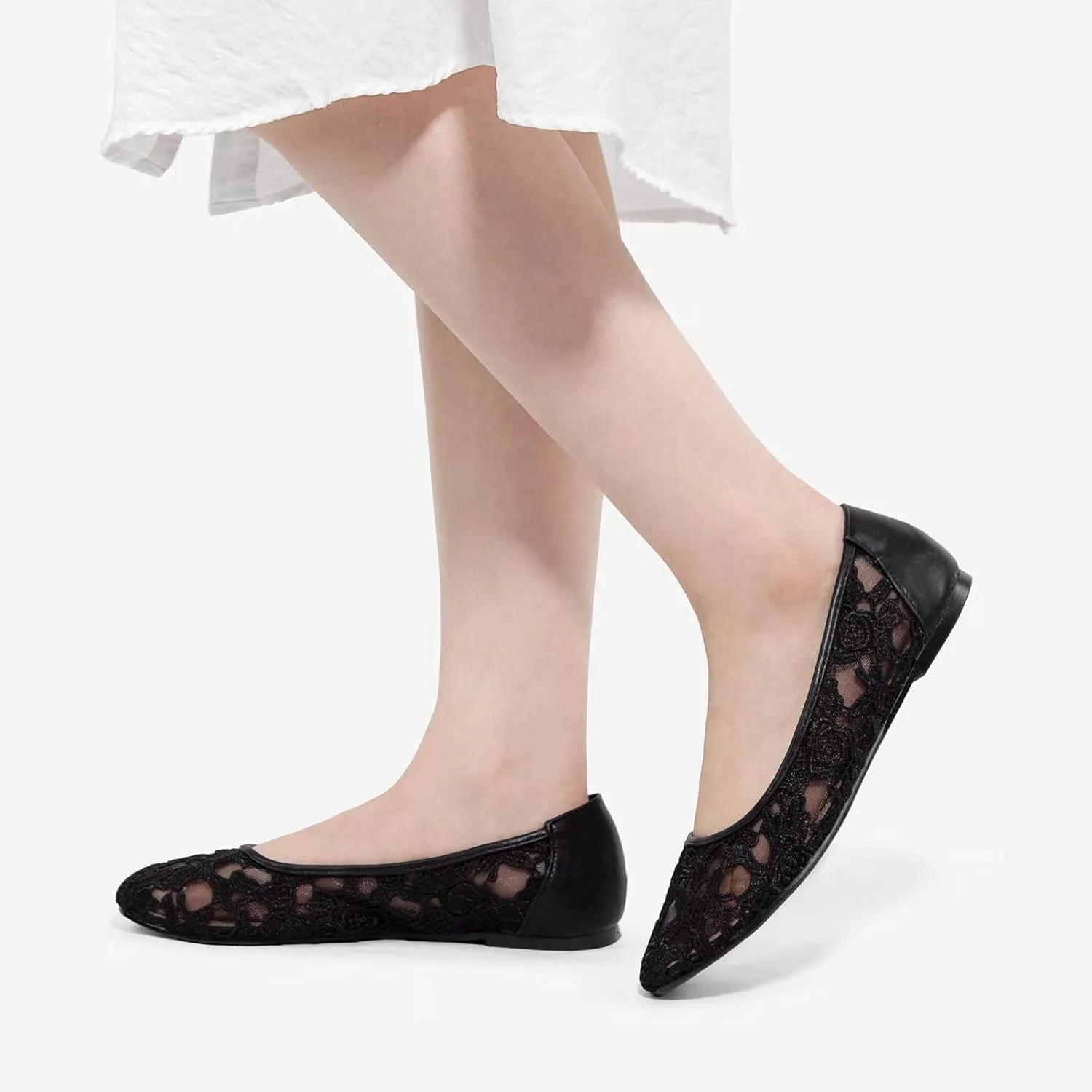 Greatonu Women's Flats Cut Out Round Toe Slip On Floral Ballet Flat Comfortable Lace Flats Dressy