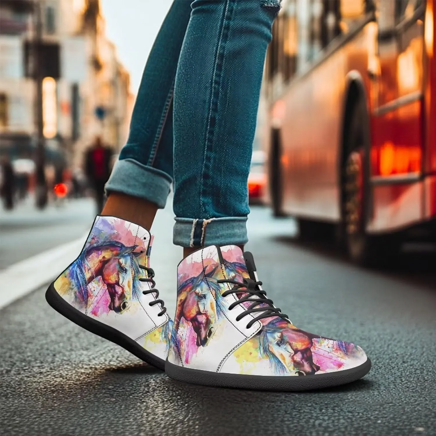 Howilath Horse Print High Top Sneakers for Men Wide Toe Barefoot Shoes Zero Drop Running Cross Training Shoe
