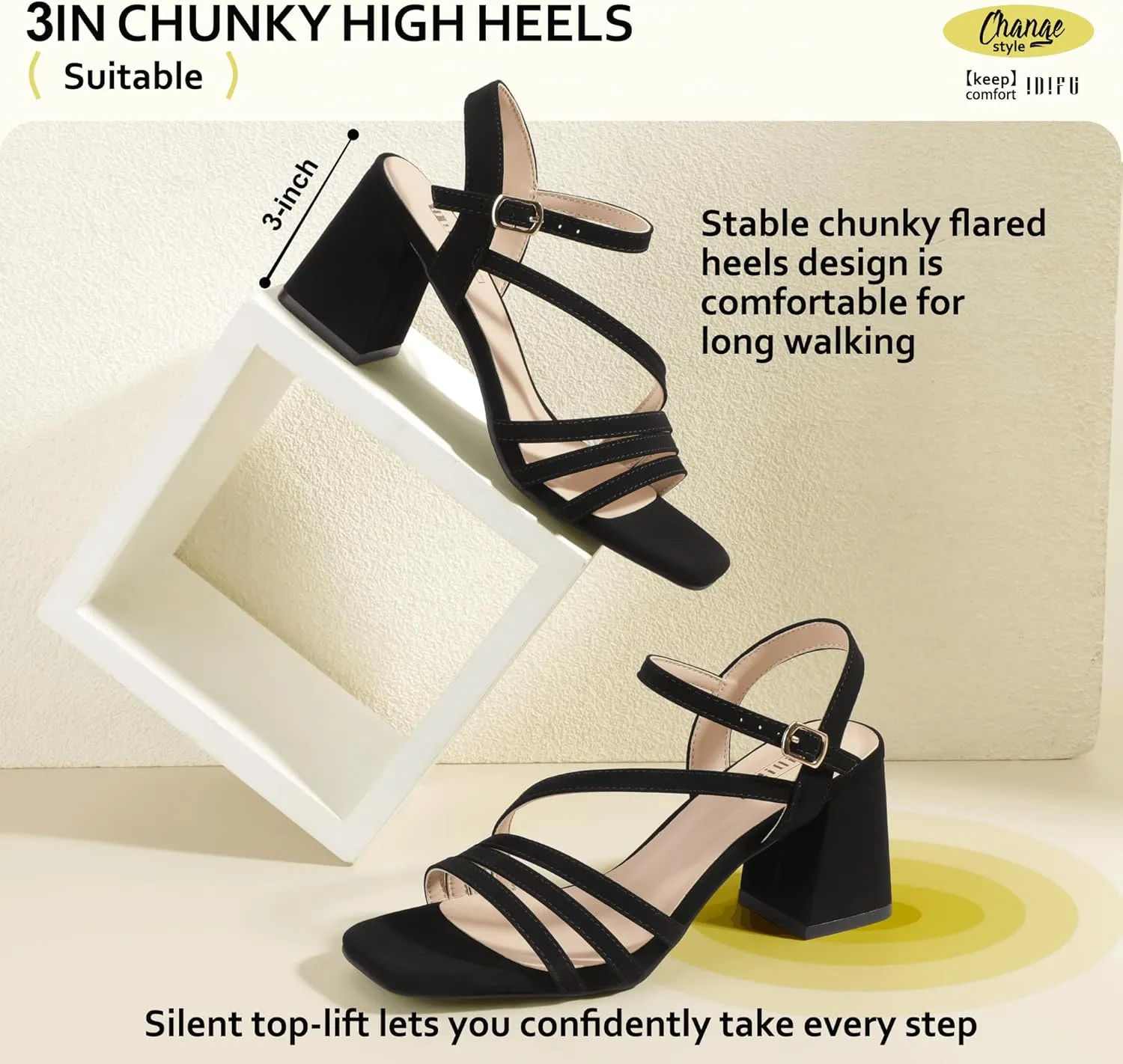 IDIFU IN3 Strappy Heels for Women Chunky Block Heels Square Toe Low Heels Wedding Prom Bride Bridal Party Dress Shoes for Women Comfortable Dressy Cute Trendy Heeled Sandals Short Thick Slingback Heels