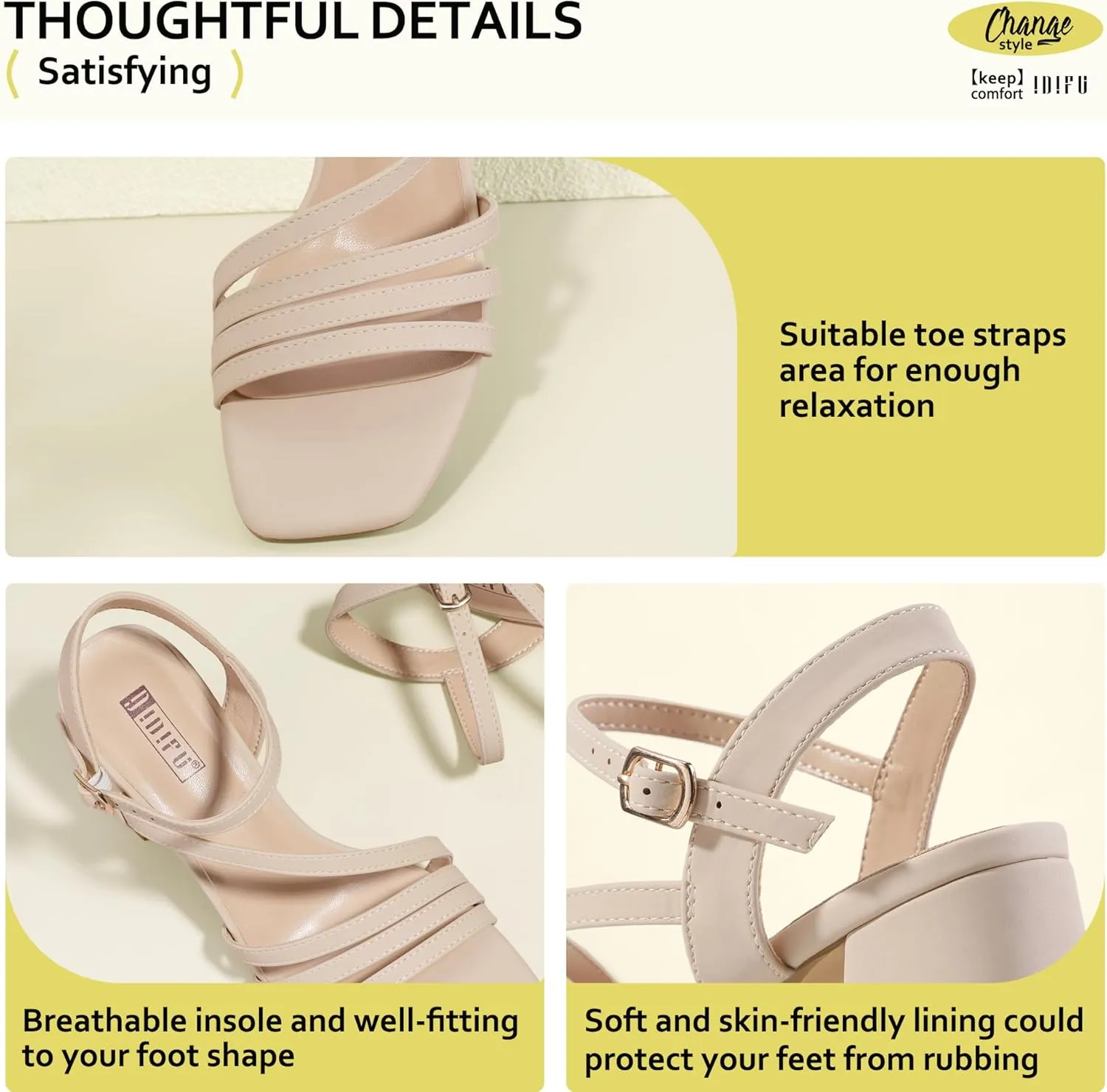 IDIFU IN3 Strappy Heels for Women Chunky Block Heels Square Toe Low Heels Wedding Prom Bride Bridal Party Dress Shoes for Women Comfortable Dressy Cute Trendy Heeled Sandals Short Thick Slingback Heels