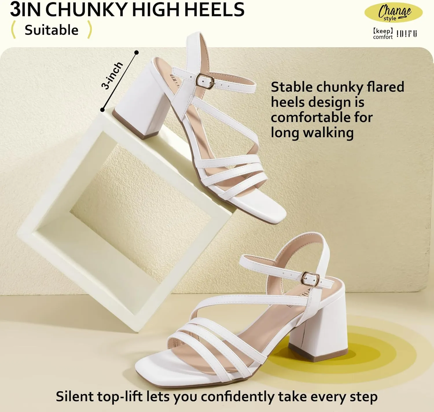 IDIFU IN3 Strappy Heels for Women Chunky Block Heels Square Toe Low Heels Wedding Prom Bride Bridal Party Dress Shoes for Women Comfortable Dressy Cute Trendy Heeled Sandals Short Thick Slingback Heels