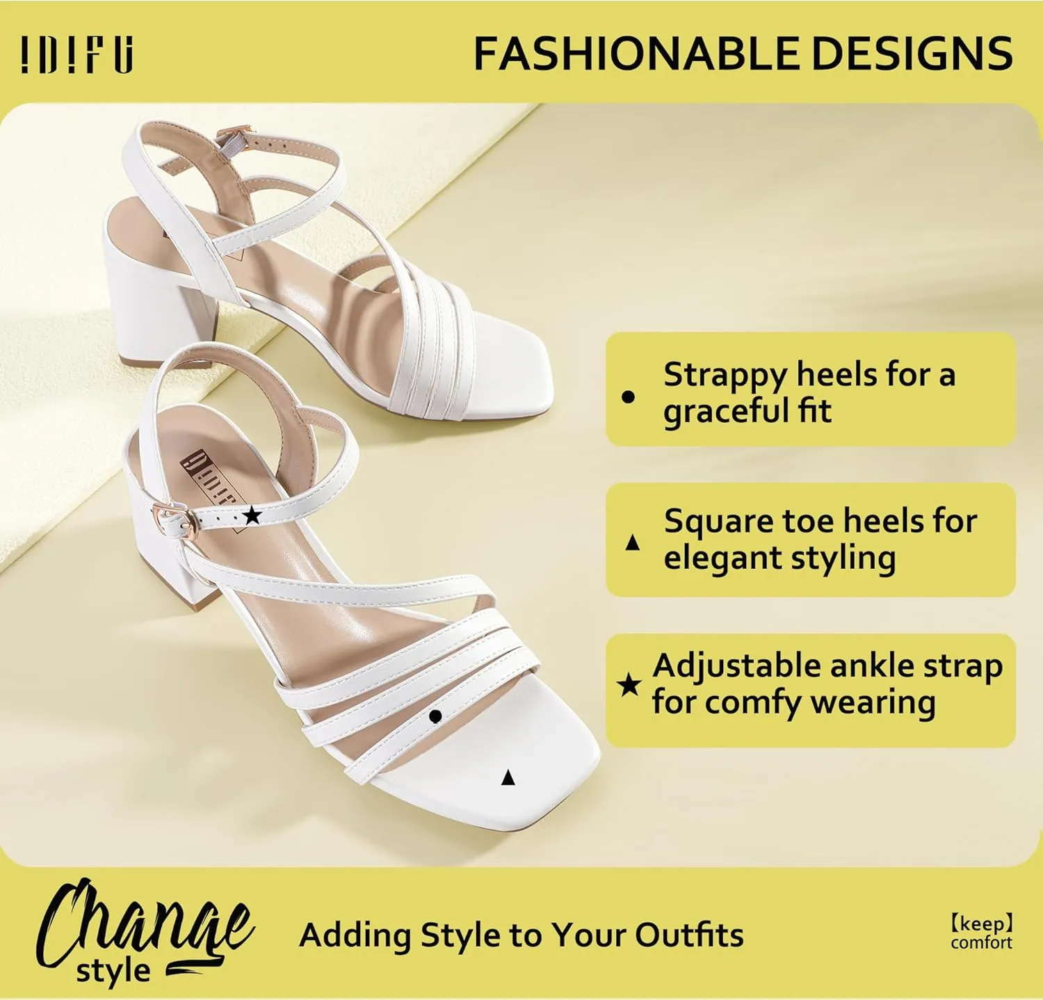 IDIFU IN3 Strappy Heels for Women Chunky Block Heels Square Toe Low Heels Wedding Prom Bride Bridal Party Dress Shoes for Women Comfortable Dressy Cute Trendy Heeled Sandals Short Thick Slingback Heels