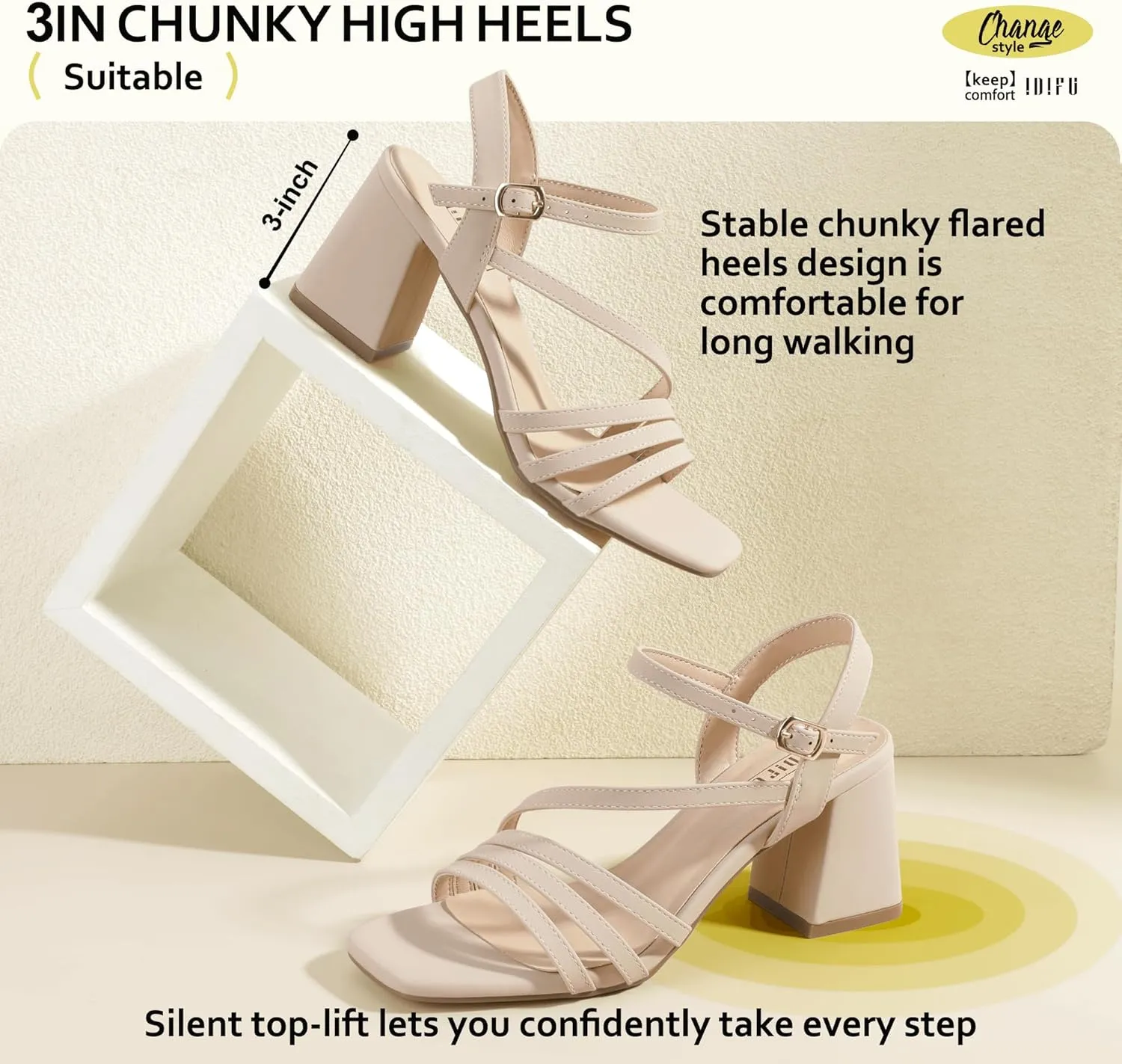IDIFU IN3 Strappy Heels for Women Chunky Block Heels Square Toe Low Heels Wedding Prom Bride Bridal Party Dress Shoes for Women Comfortable Dressy Cute Trendy Heeled Sandals Short Thick Slingback Heels