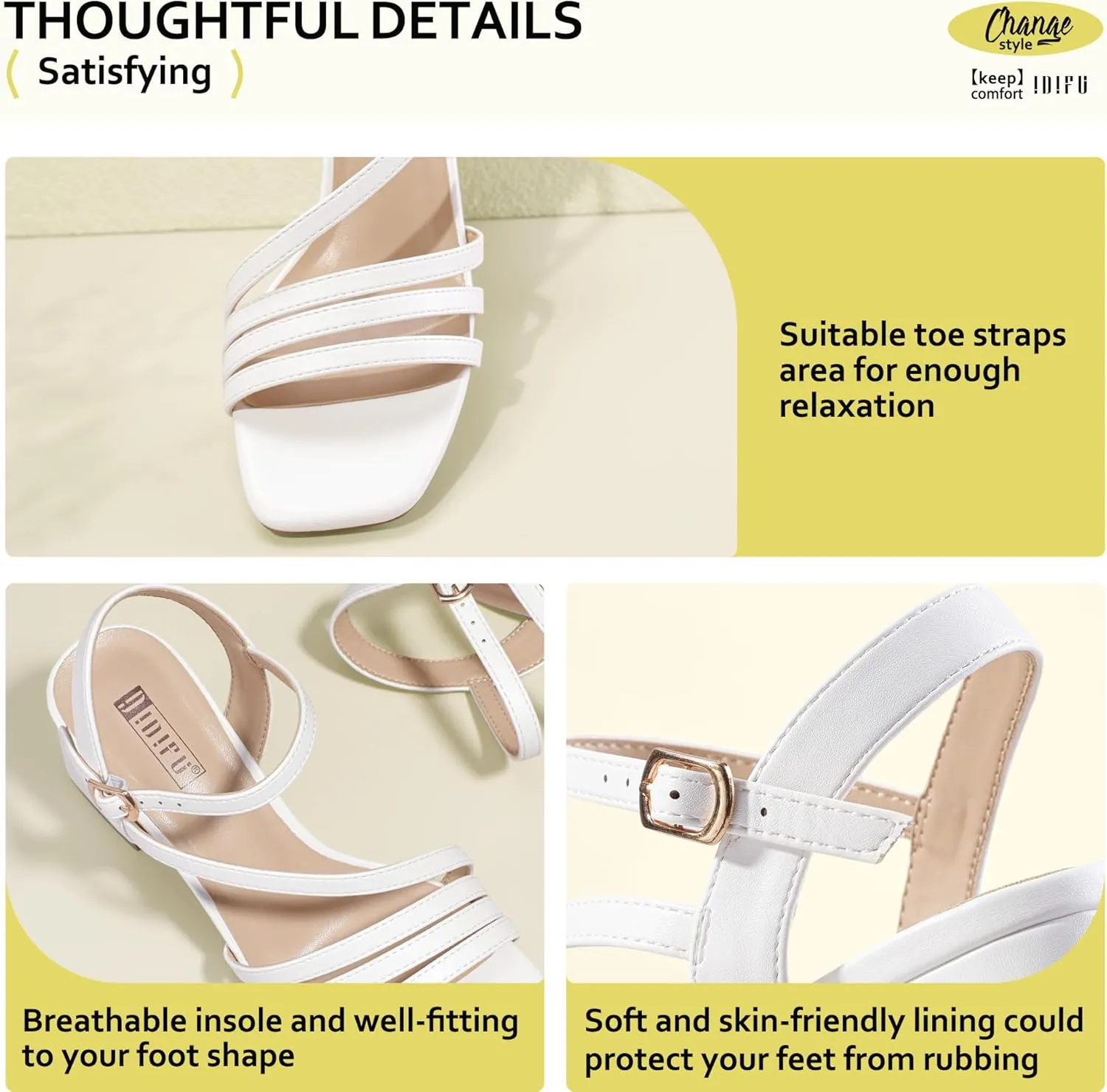 IDIFU IN3 Strappy Heels for Women Chunky Block Heels Square Toe Low Heels Wedding Prom Bride Bridal Party Dress Shoes for Women Comfortable Dressy Cute Trendy Heeled Sandals Short Thick Slingback Heels