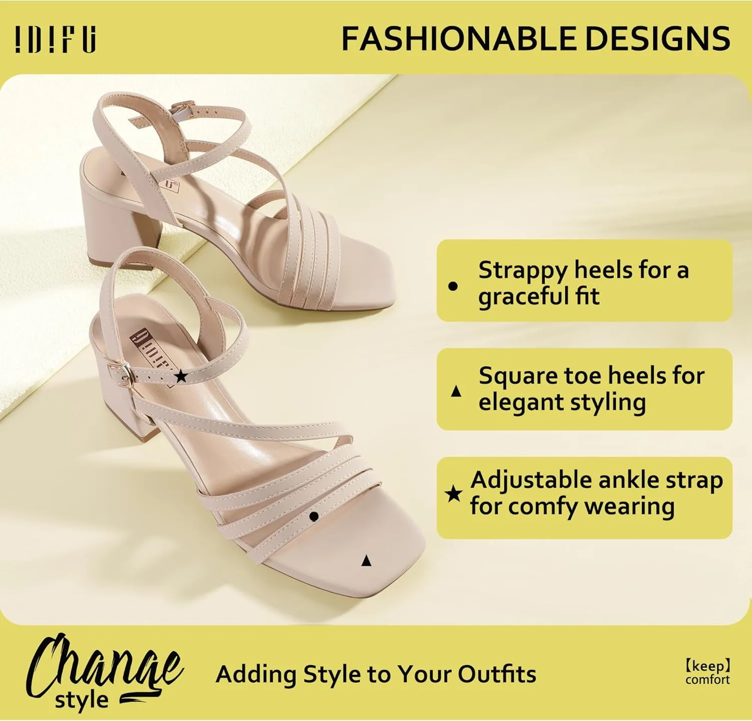 IDIFU IN3 Strappy Heels for Women Chunky Block Heels Square Toe Low Heels Wedding Prom Bride Bridal Party Dress Shoes for Women Comfortable Dressy Cute Trendy Heeled Sandals Short Thick Slingback Heels