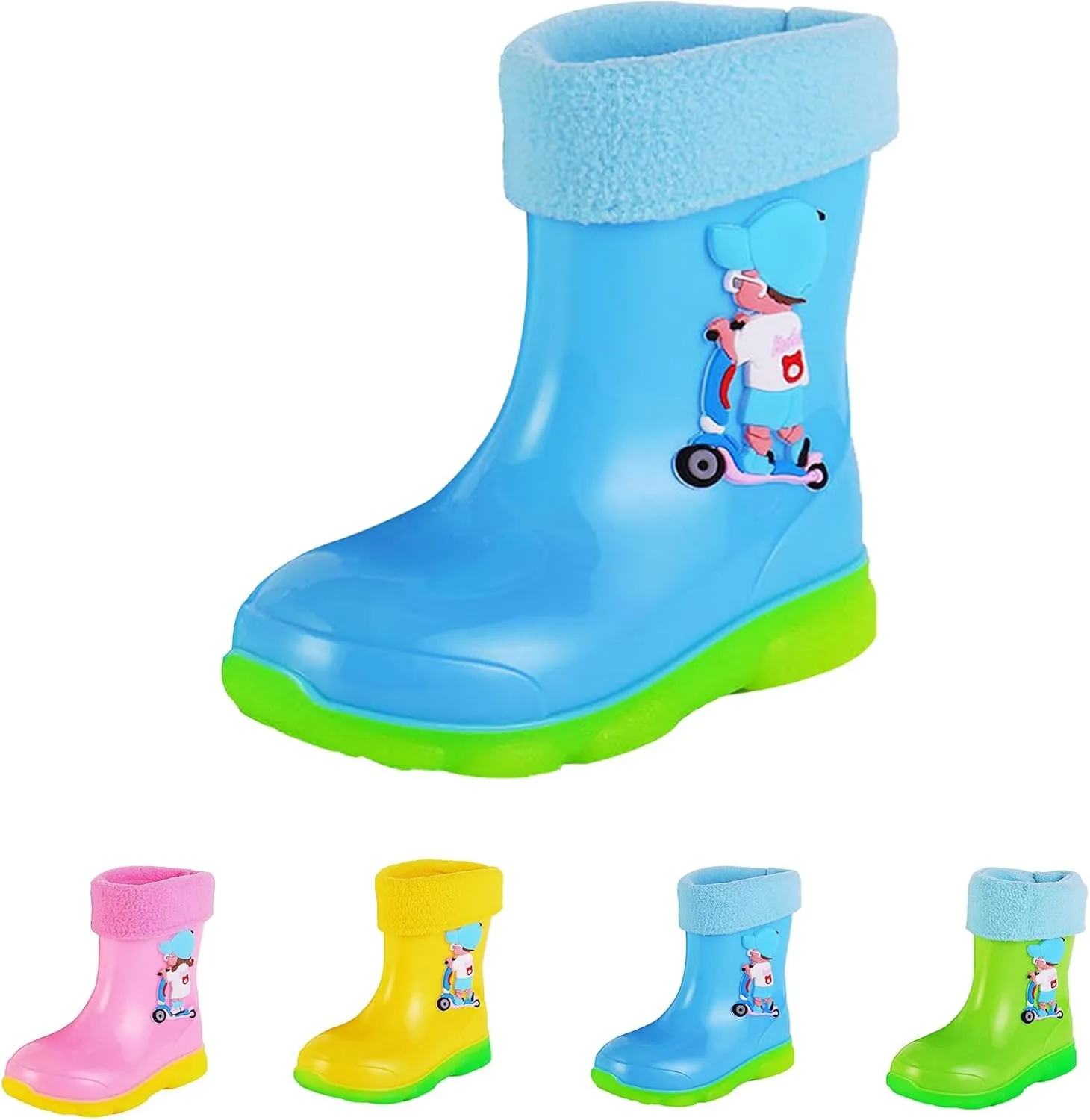 Kids Fleece Lined Rain Boots for Girls Boys Toddler Waterproof Cute Cartoon Pattern Platform Mud Kids Boots Size 3