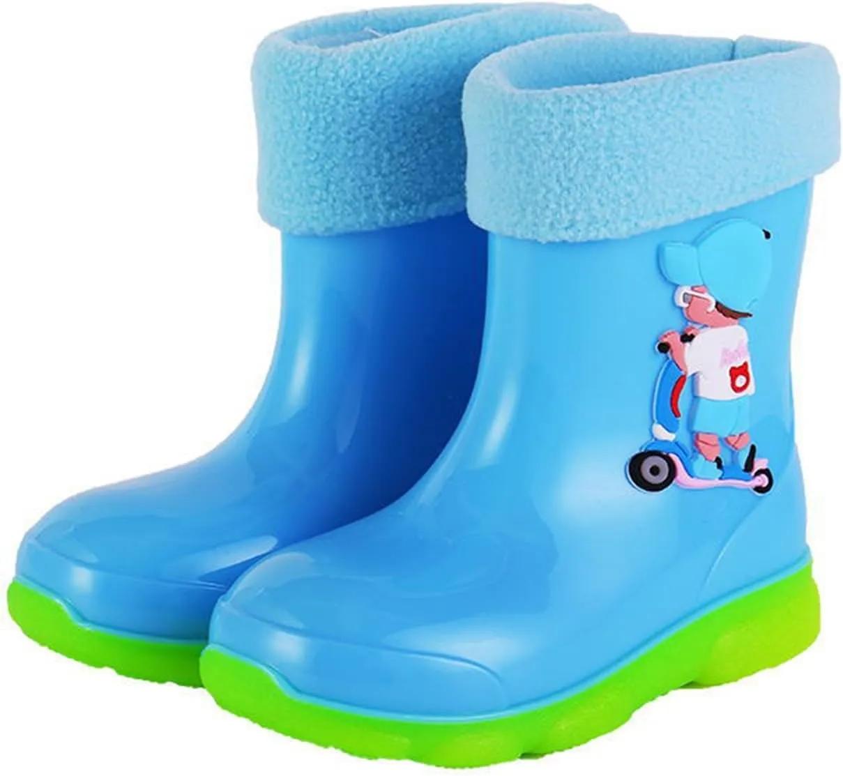 Kids Fleece Lined Rain Boots for Girls Boys Toddler Waterproof Cute Cartoon Pattern Platform Mud Kids Boots Size 3