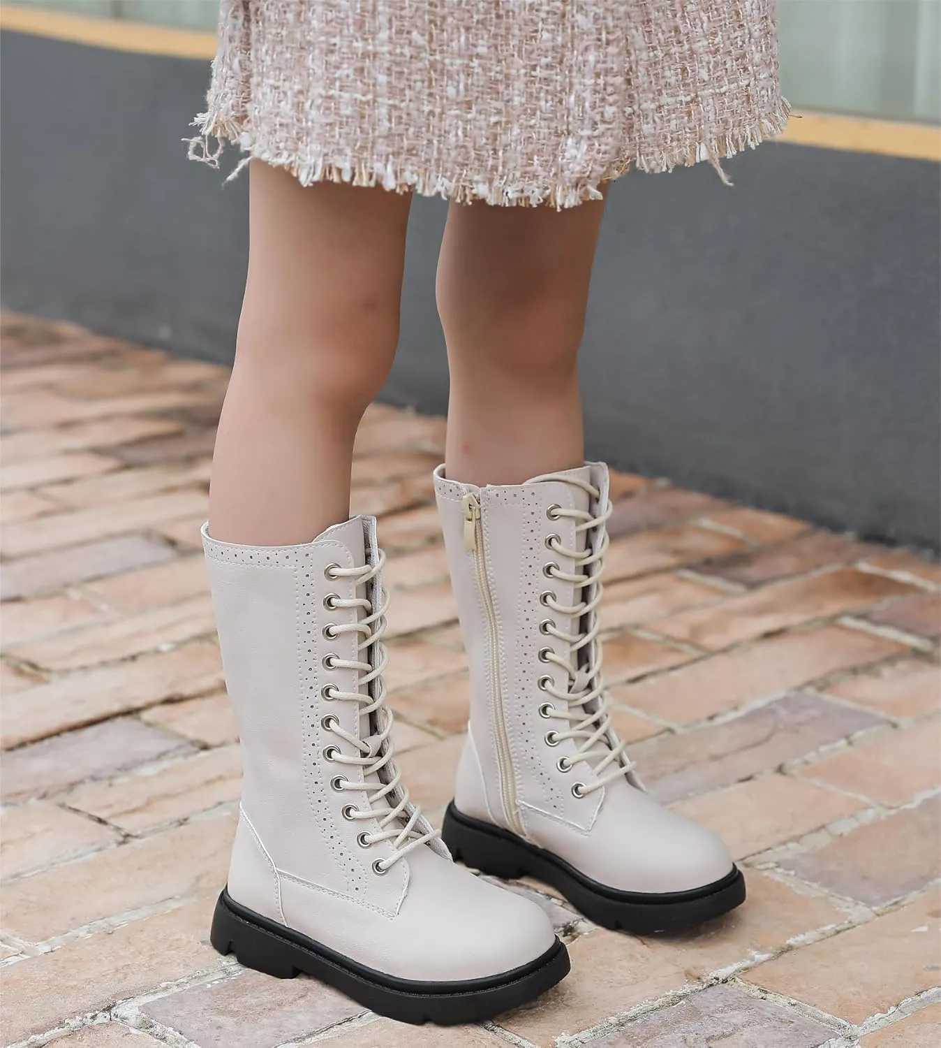 kkdom Boys Girls Leather Waterproof Lace Up Side Zipper Mid Calf Combat Riding Winter Boots (Toddler/Little Kid/Big Kid)