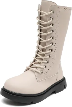 kkdom Boys Girls Leather Waterproof Lace Up Side Zipper Mid Calf Combat Riding Winter Boots (Toddler/Little Kid/Big Kid)