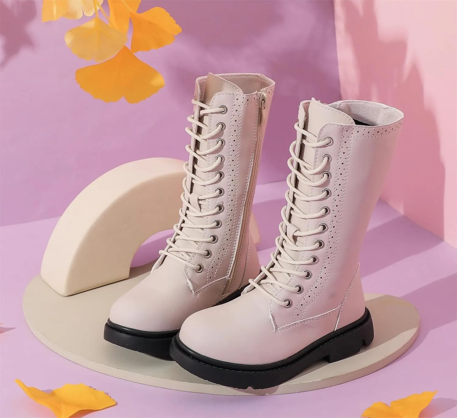 kkdom Boys Girls Leather Waterproof Lace Up Side Zipper Mid Calf Combat Riding Winter Boots (Toddler/Little Kid/Big Kid)