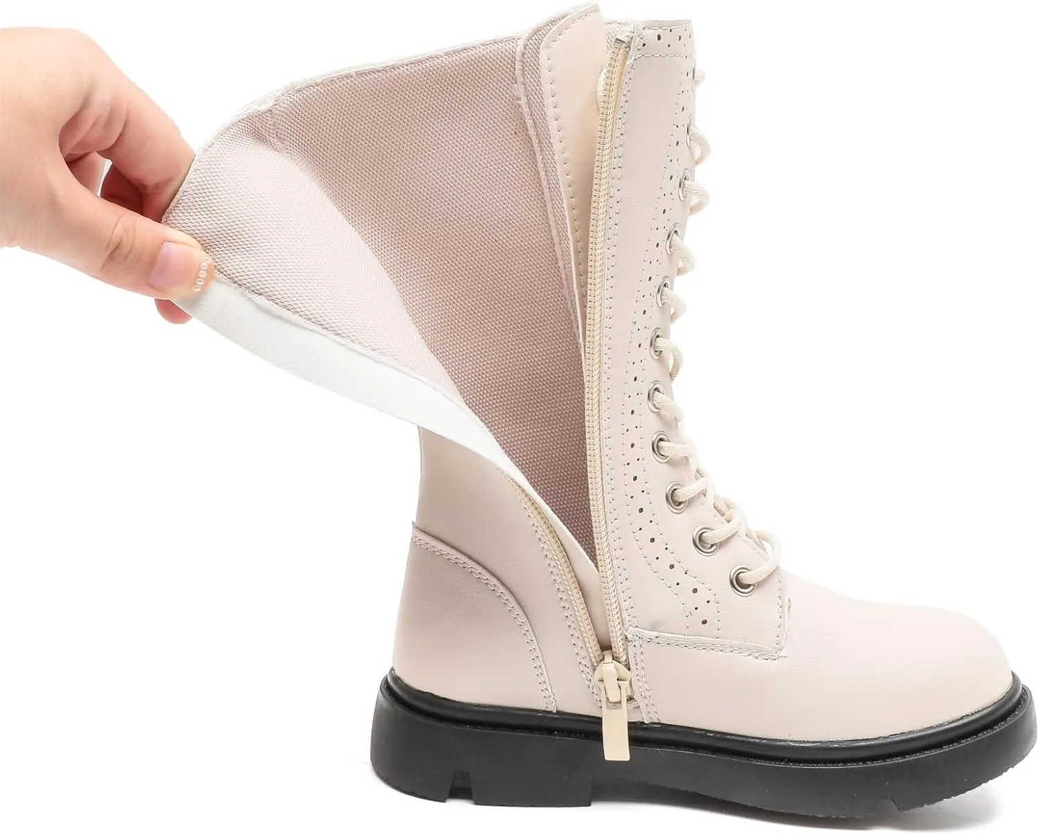 kkdom Boys Girls Leather Waterproof Lace Up Side Zipper Mid Calf Combat Riding Winter Boots (Toddler/Little Kid/Big Kid)