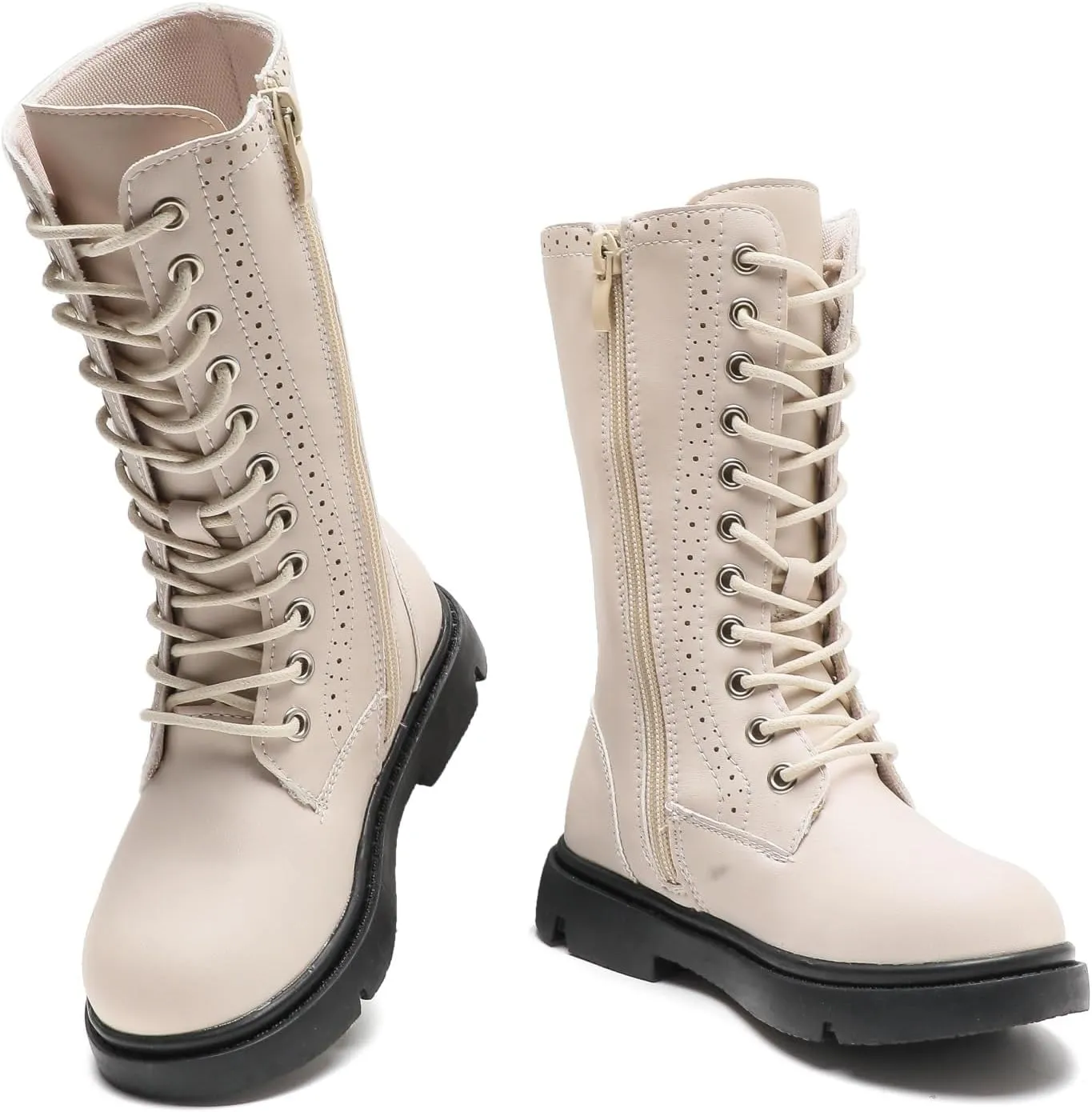 kkdom Boys Girls Leather Waterproof Lace Up Side Zipper Mid Calf Combat Riding Winter Boots (Toddler/Little Kid/Big Kid)