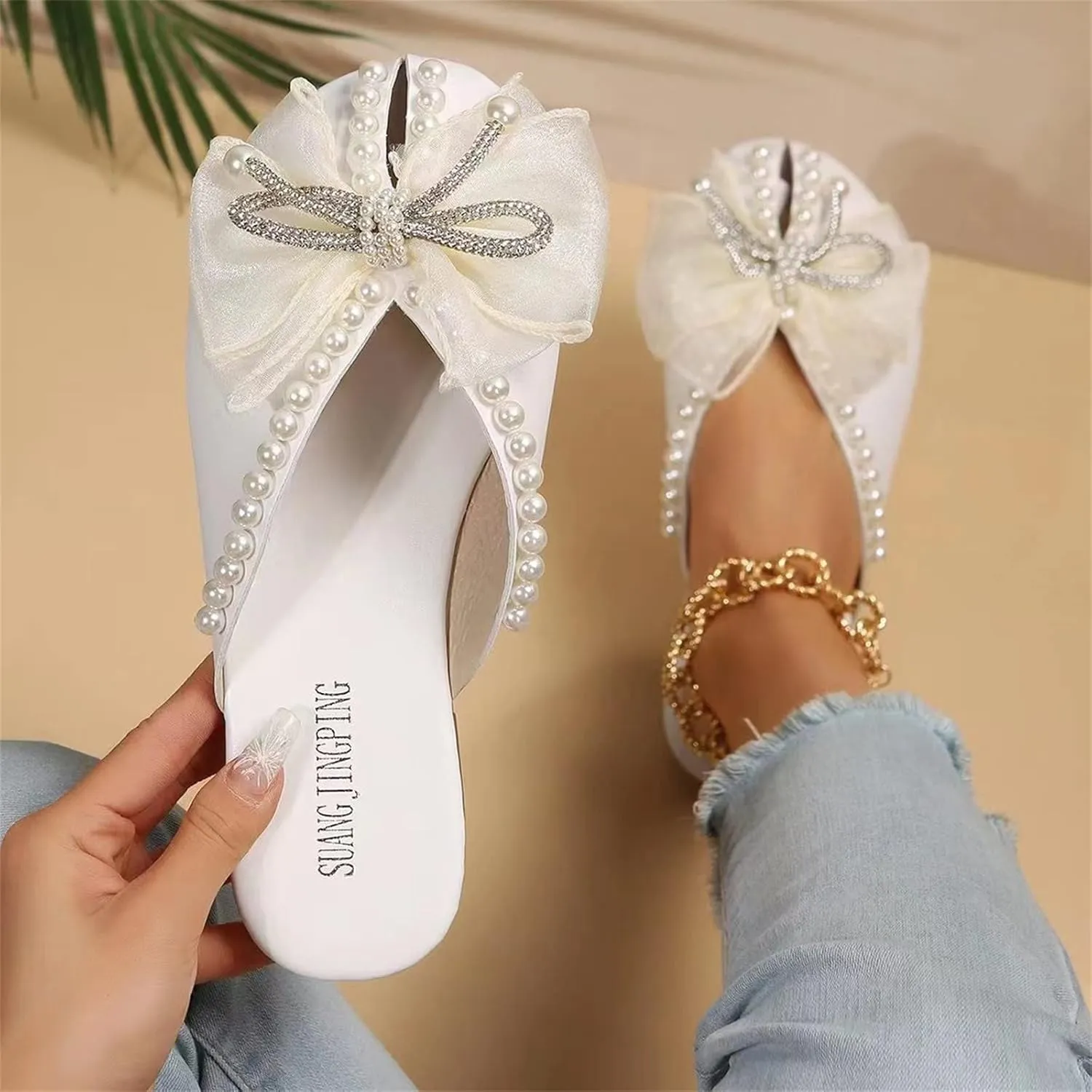 Ladies Summer Outer Solid Colour Rhinestone Pearl Bow Elegant Hollow Breathable Large Platform Sandals for Women Wedding
