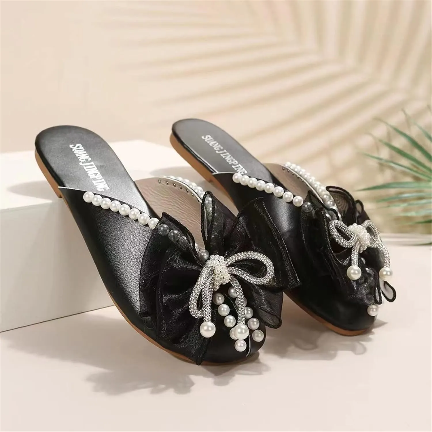 Ladies Summer Outer Solid Colour Rhinestone Pearl Bow Elegant Hollow Breathable Large Platform Sandals for Women Wedding
