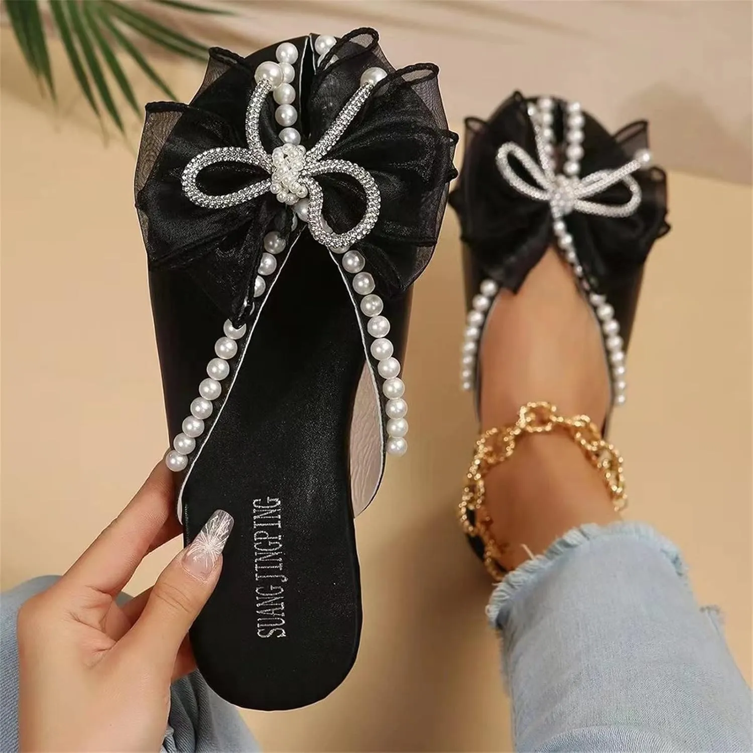 Ladies Summer Outer Solid Colour Rhinestone Pearl Bow Elegant Hollow Breathable Large Platform Sandals for Women Wedding