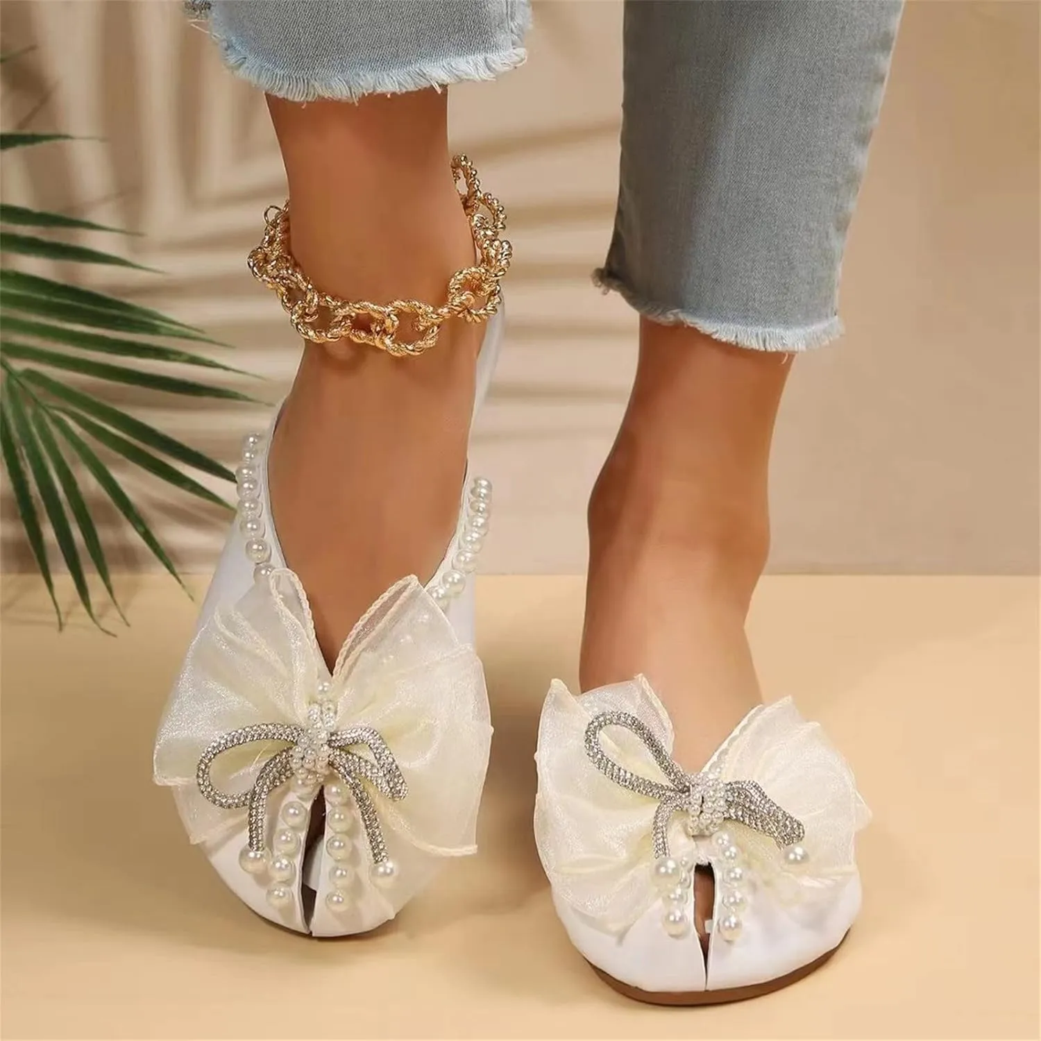 Ladies Summer Outer Solid Colour Rhinestone Pearl Bow Elegant Hollow Breathable Large Platform Sandals for Women Wedding